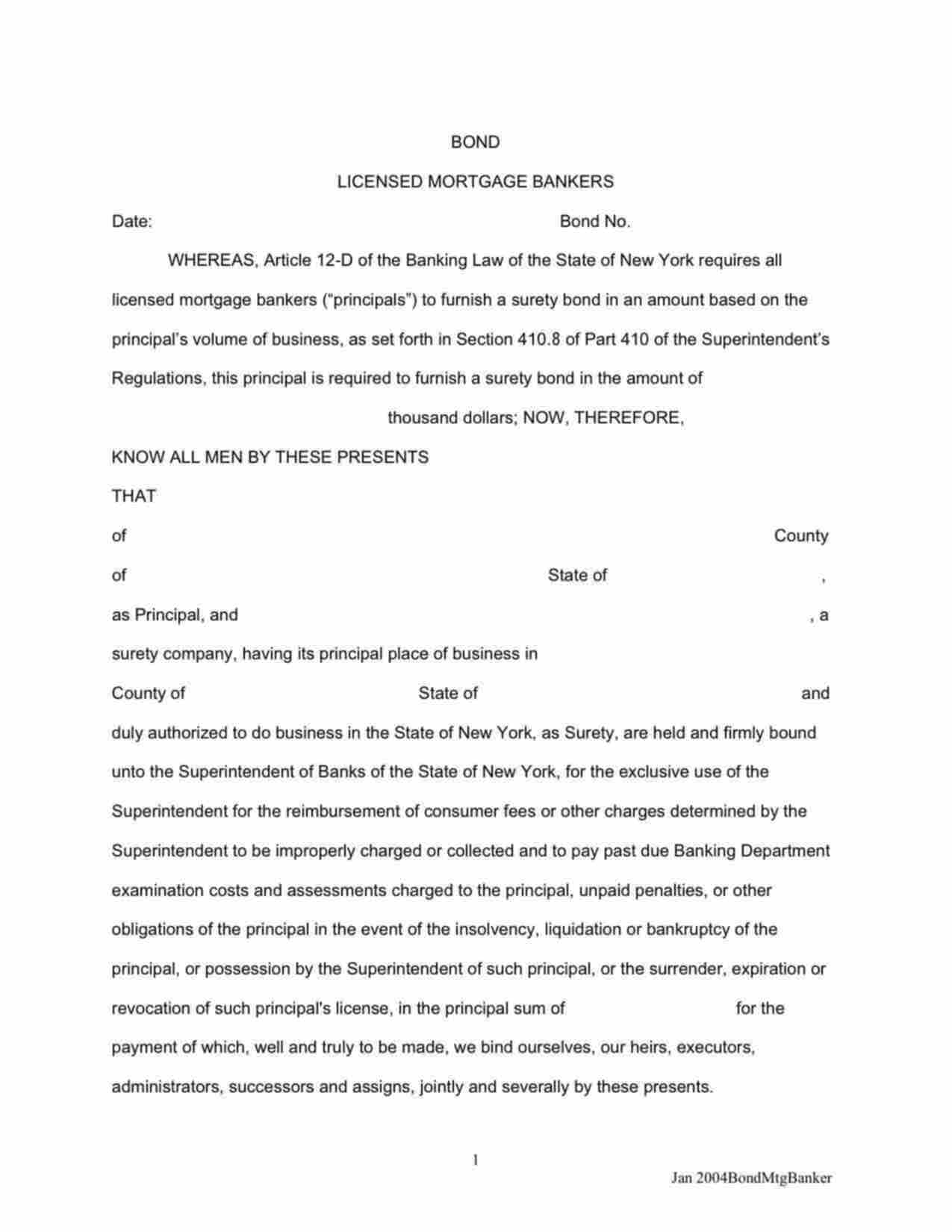 New York Licensed Mortgage Bankers Bond Form