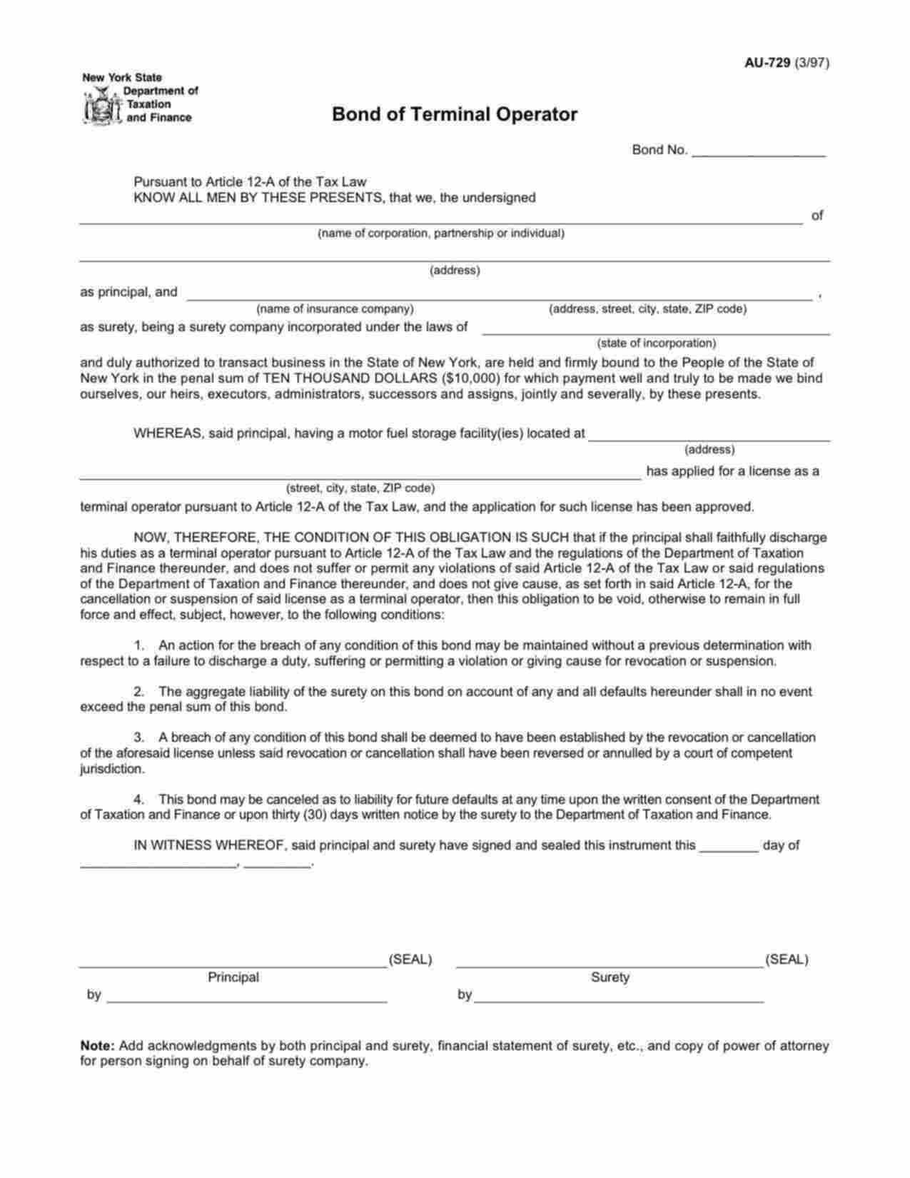 New York Motor Fuel Terminal Operator Bond Form