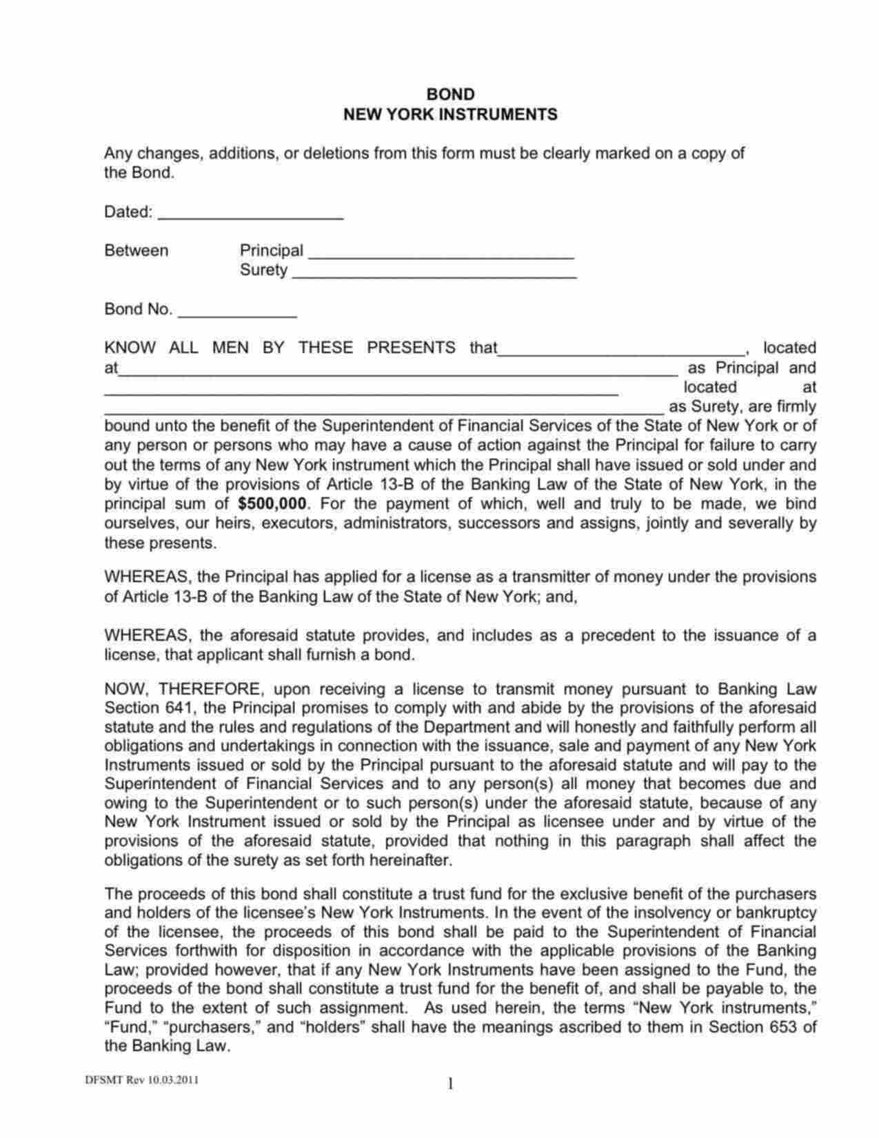 New York Money Transmitter (New York Instruments) Bond Form