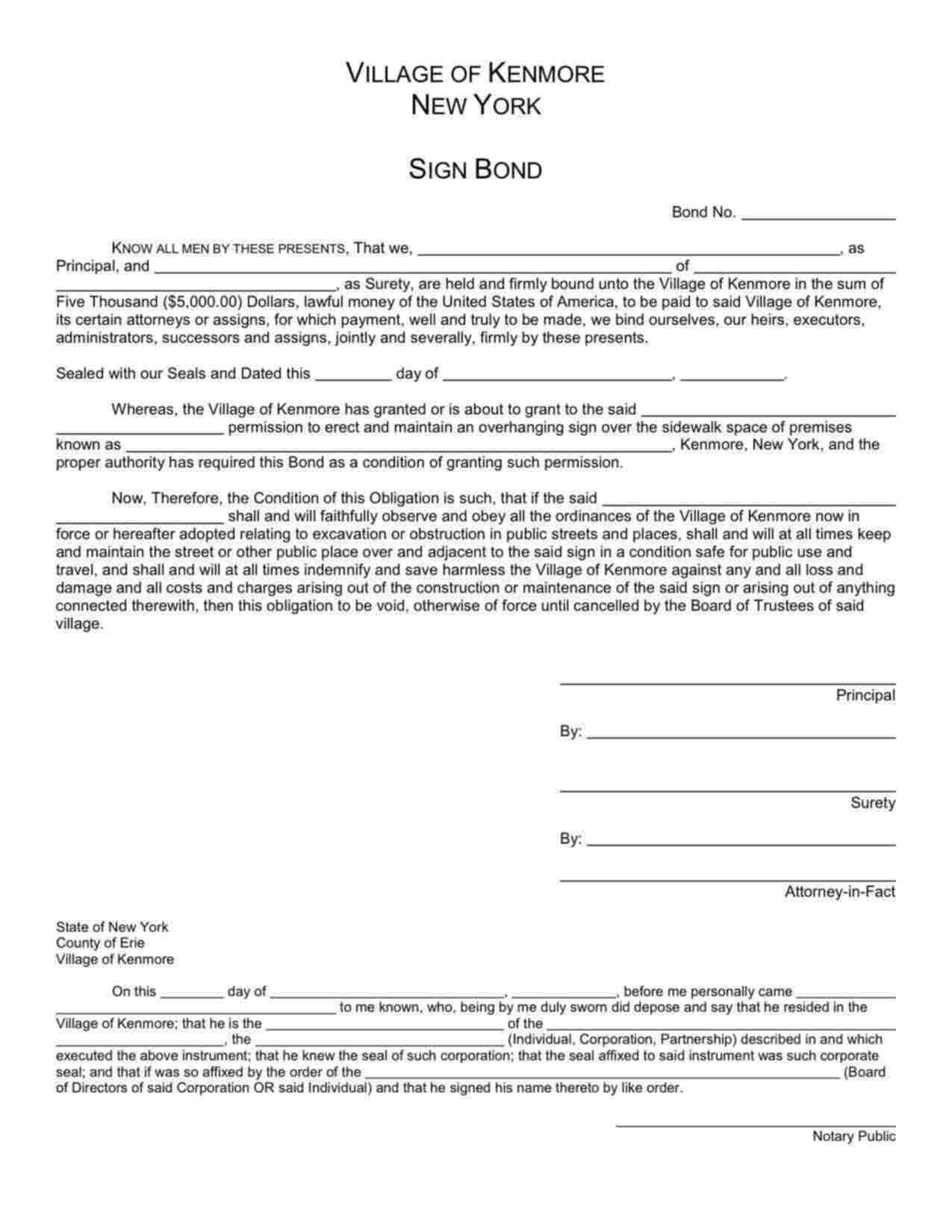 New York Sign Contractor Bond Form