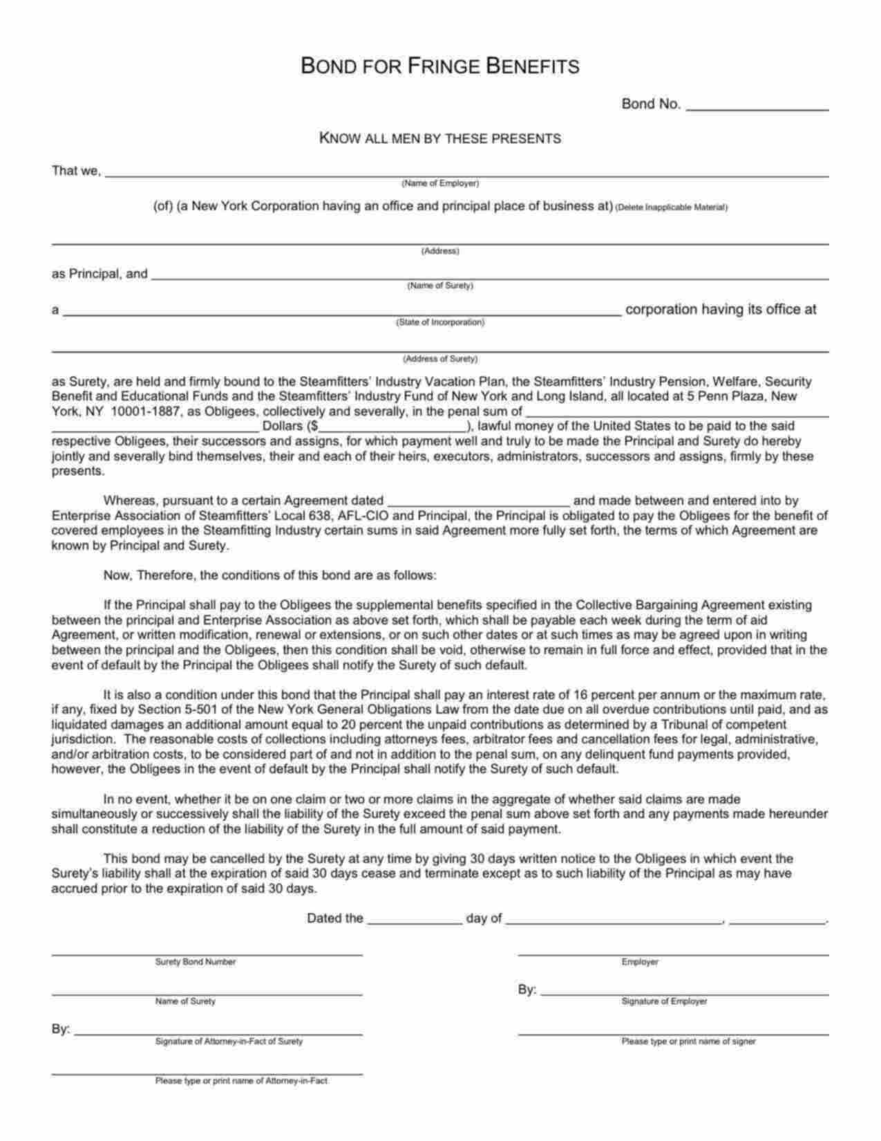 New York Fringe Benefit Payment Bond Form