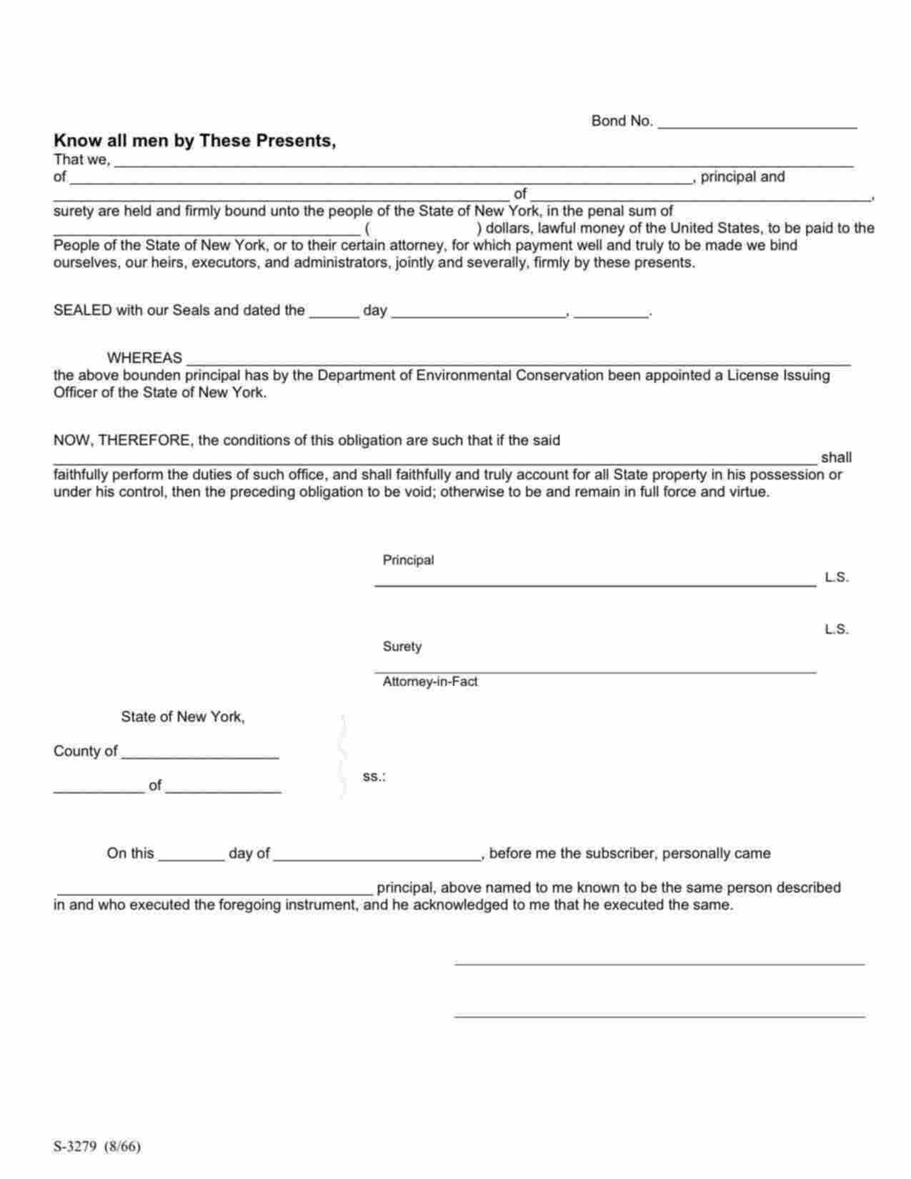 New York Hunting & Fishing License Issuing Officer Bond Form