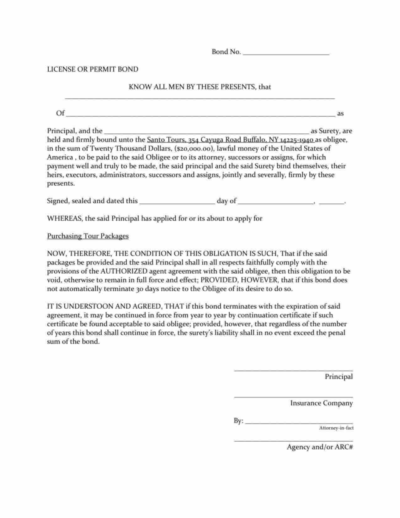 New York License to Purchase Tour Packages Bond Form