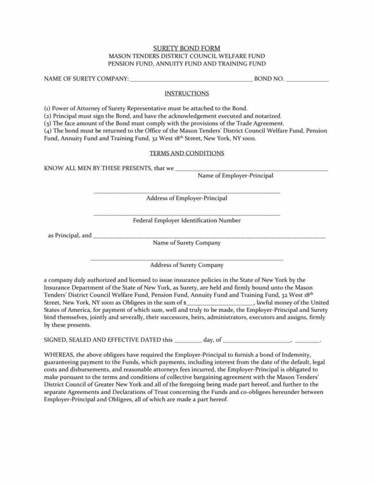 New York Wage and Welfare Bond Form