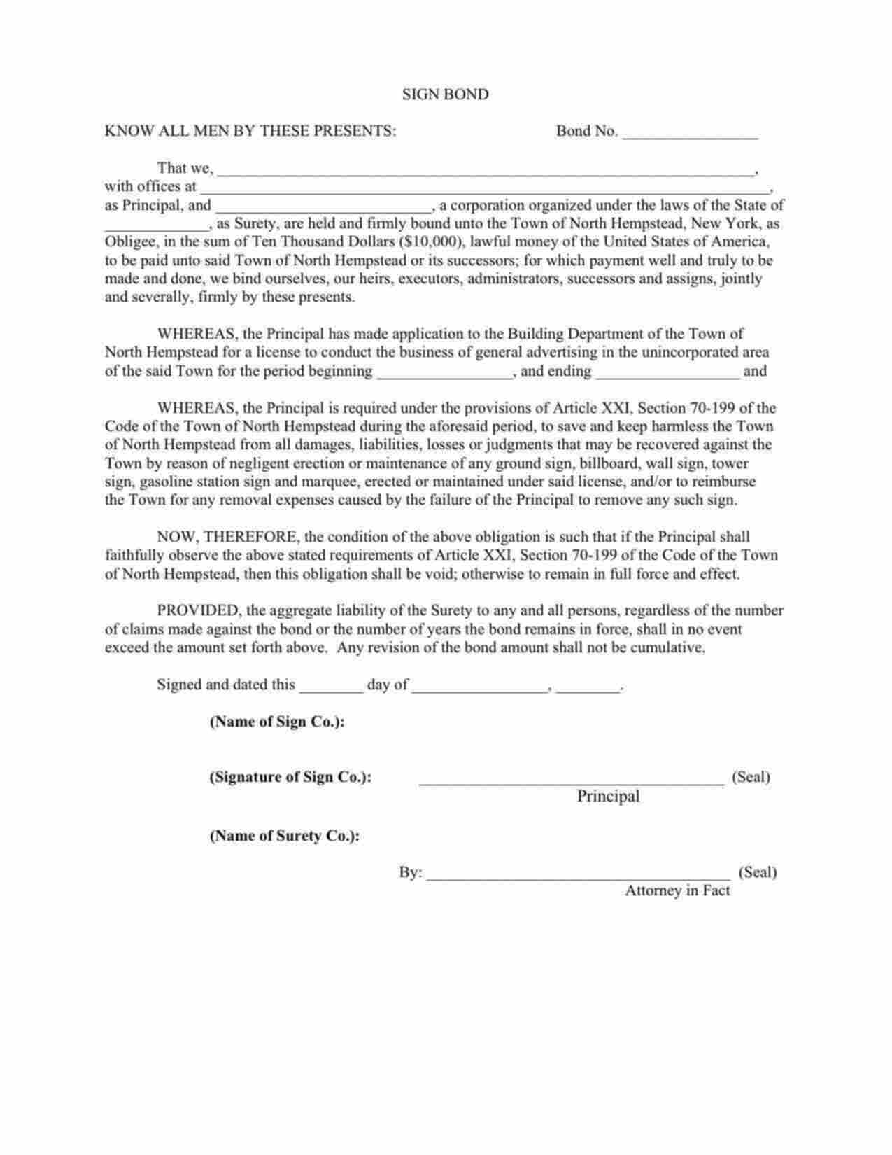 New York Sign Contractor Bond Form