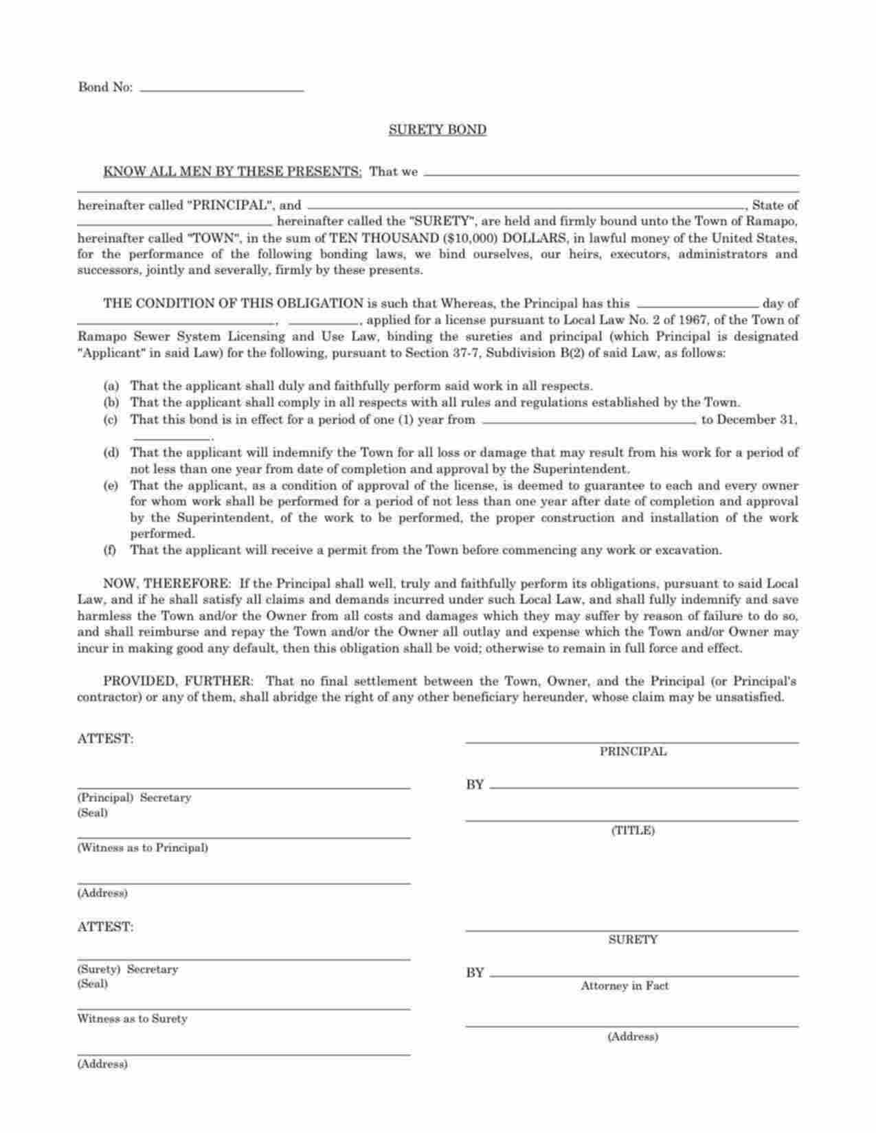 New York Sewer System License Bond Form