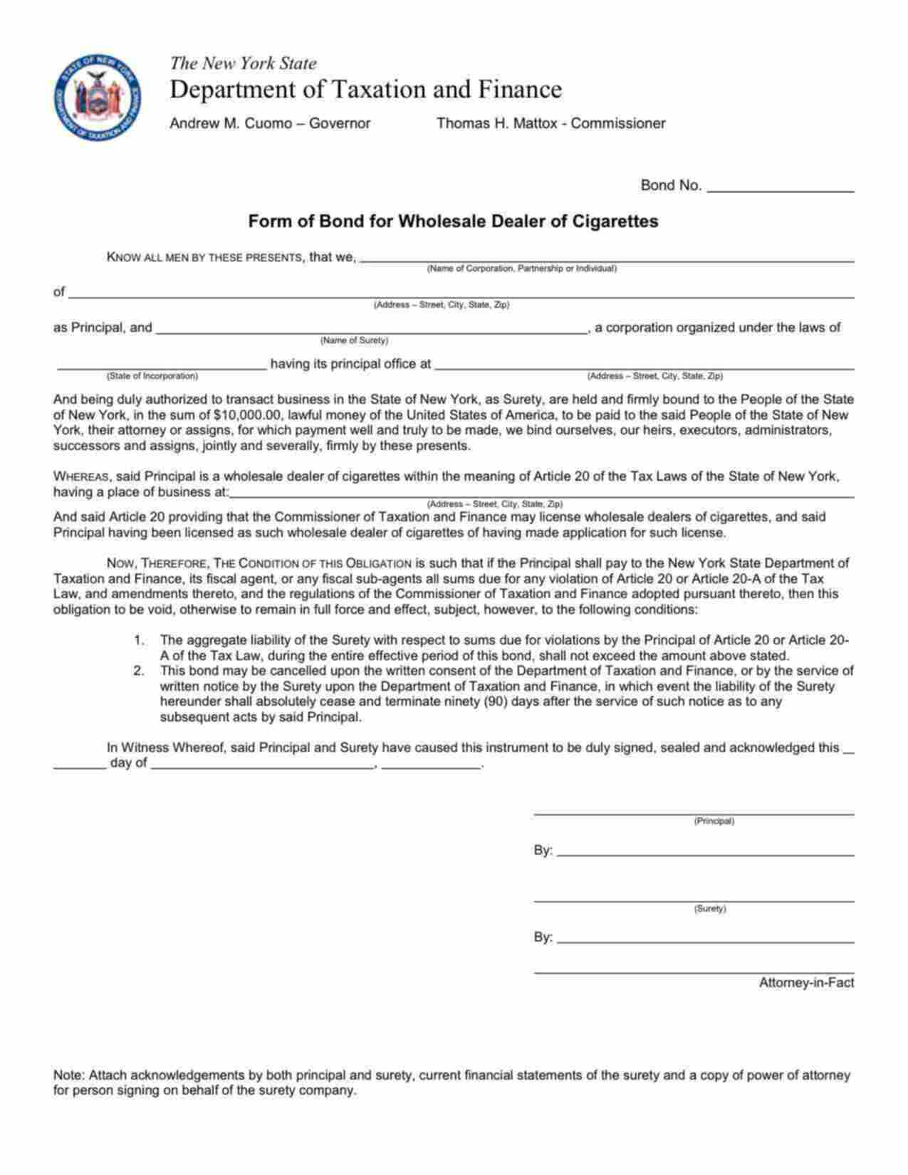 New York Wholesale Dealer of Cigarettes Bond Form