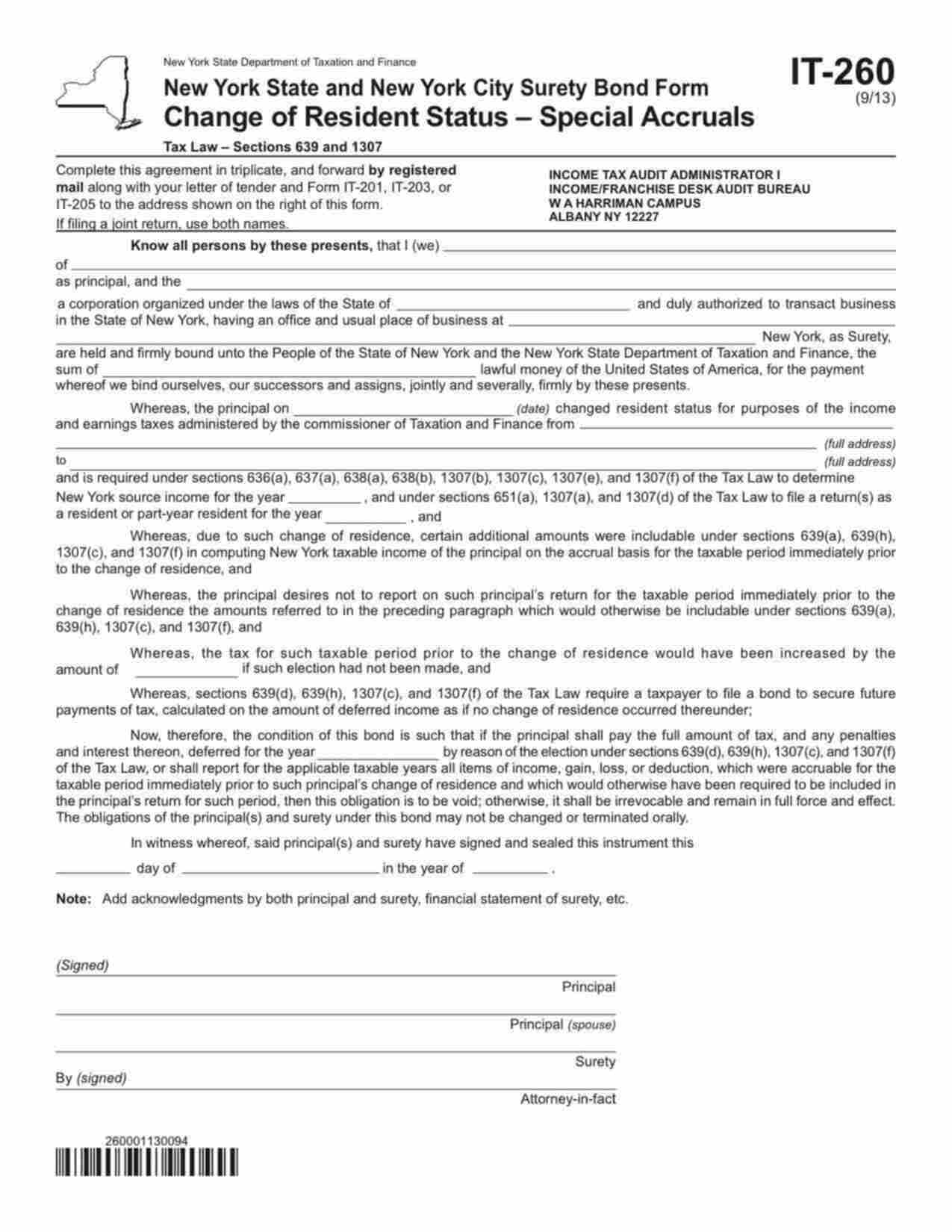 New York Change of Resident Status - Special Accruals Bond Form