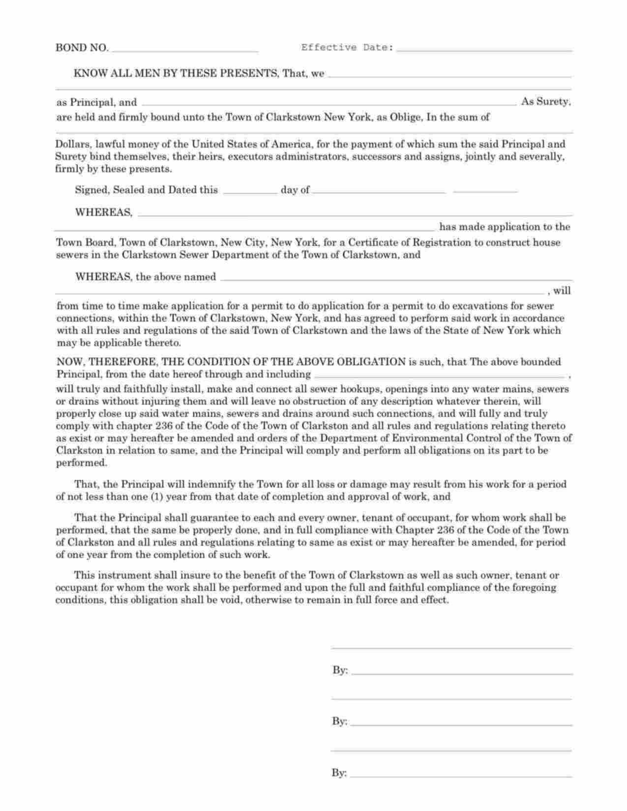 New York Excavations for Sewer Connections Bond Form