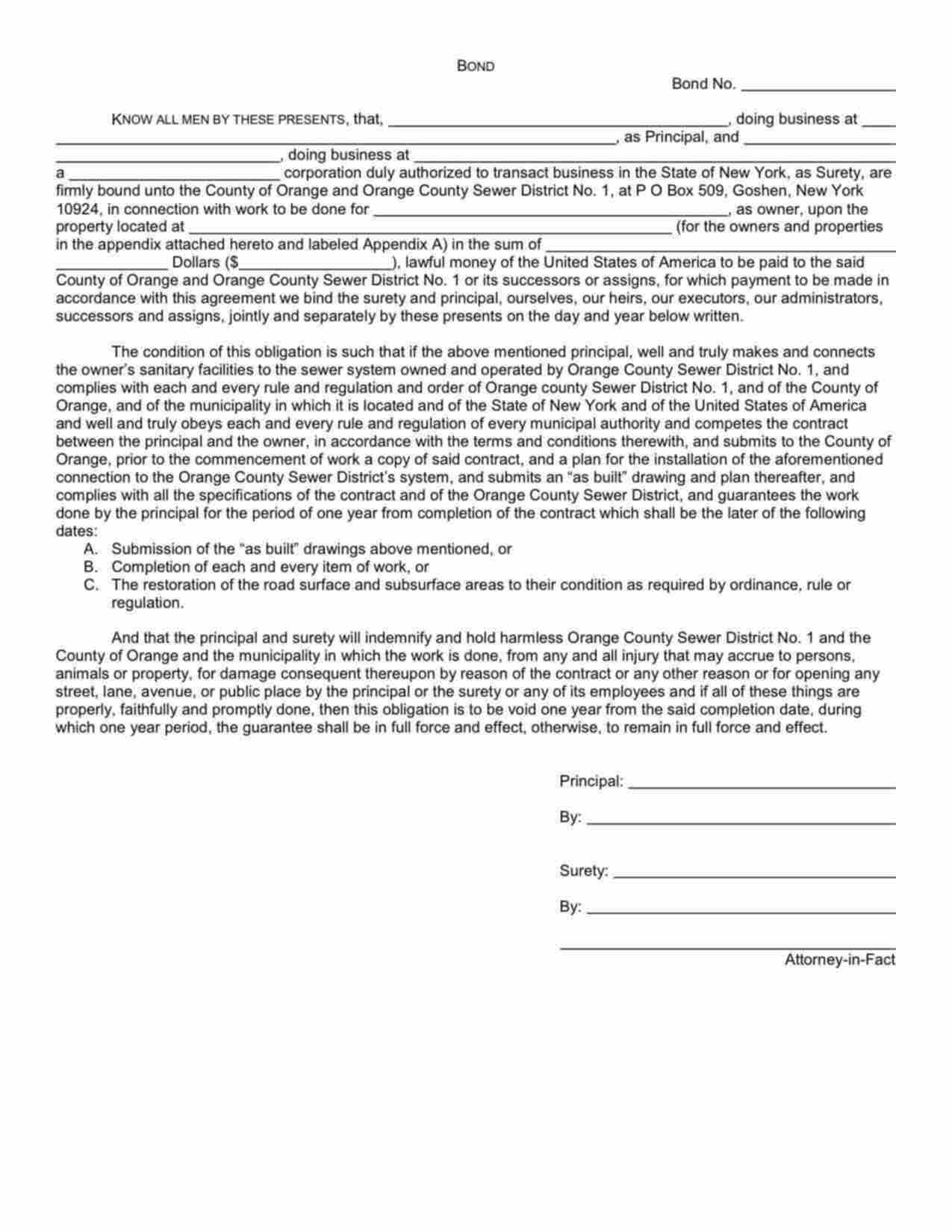 New York Private Sewer System Connection Bond Form