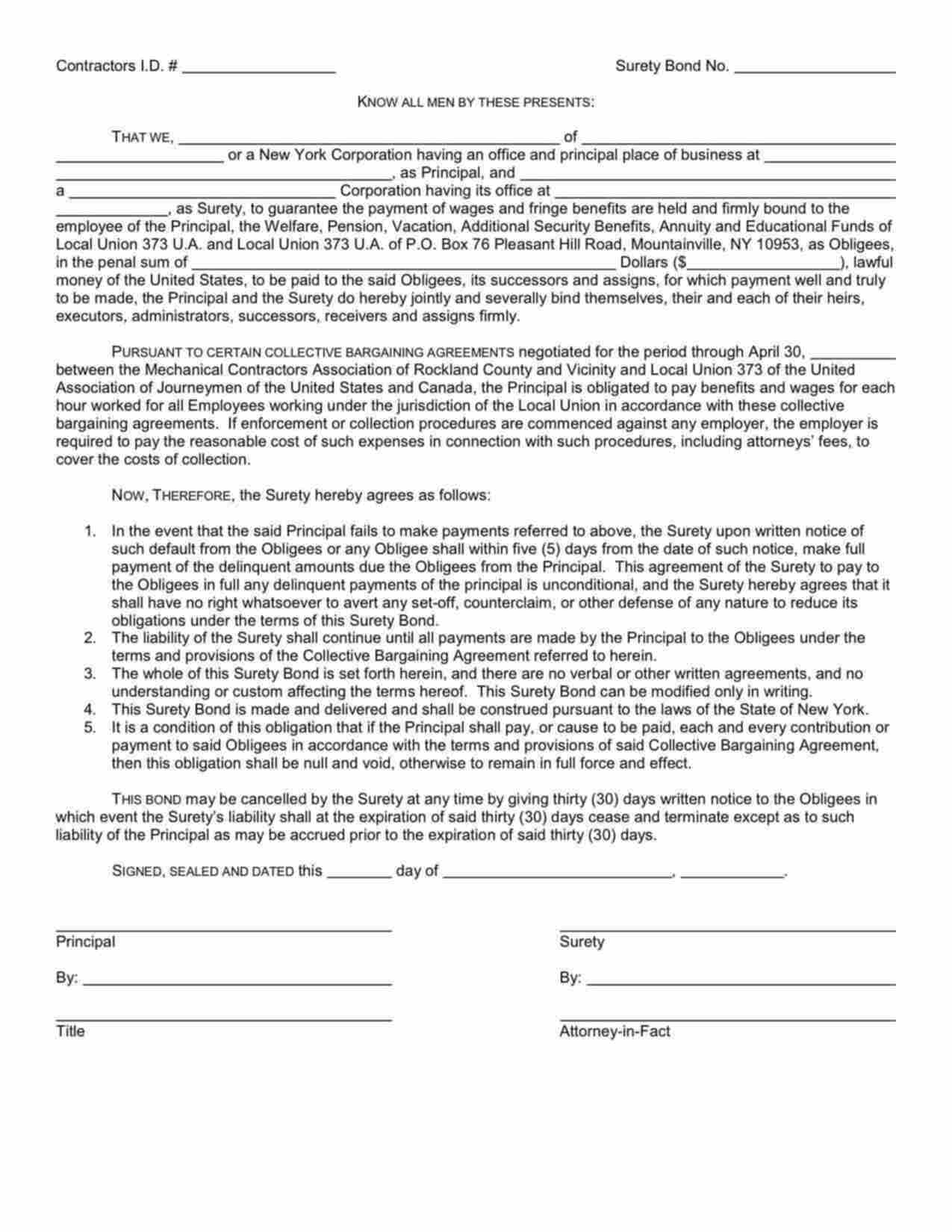 New York Wage and Welfare Bond Form