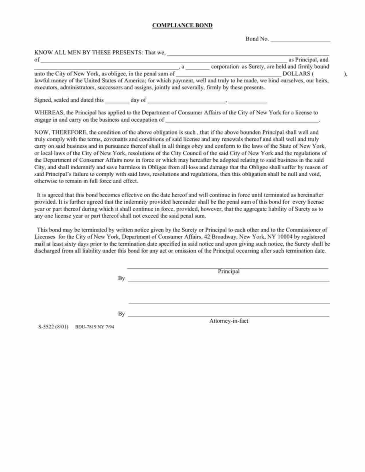 New York Tow Truck Company Bond Form