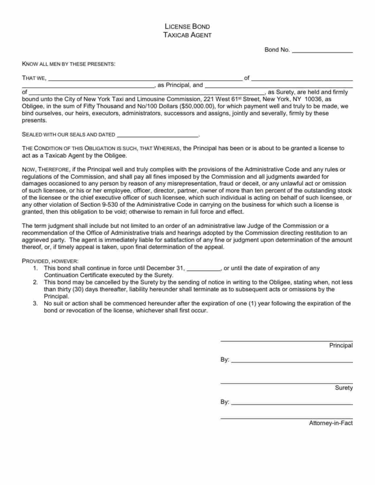 New York Taxicab Agent Bond Form