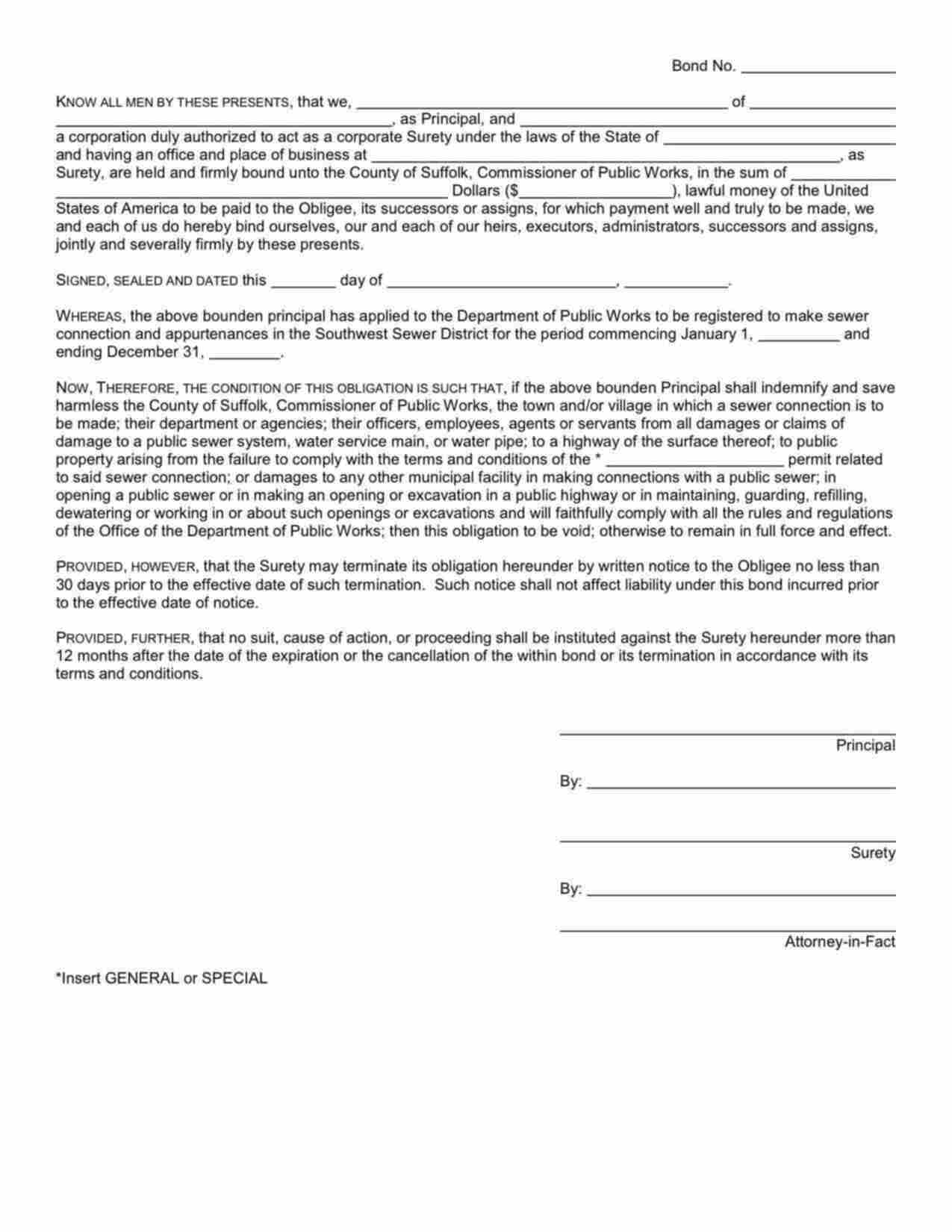 New York Sewer Connection - Special Permit Bond Form
