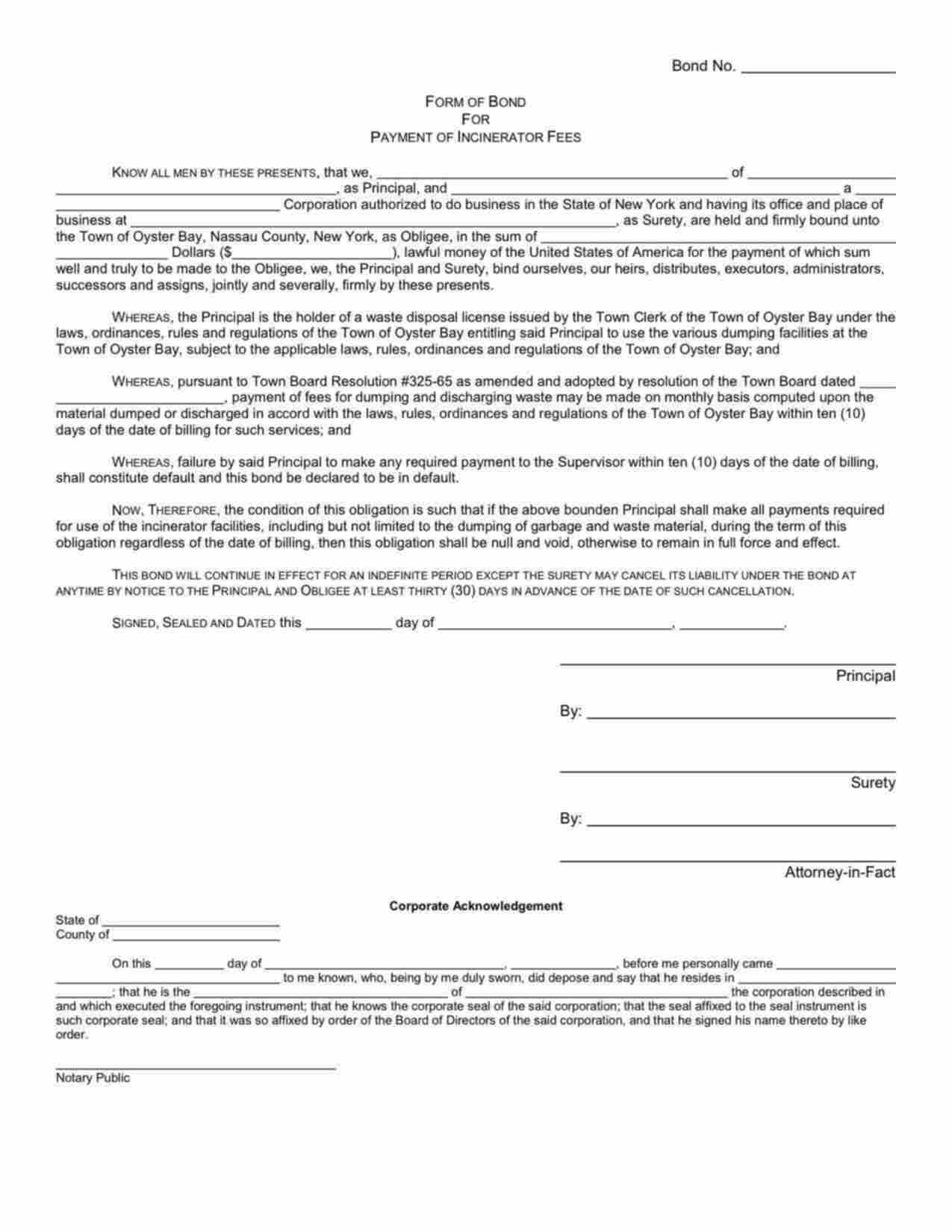 New York Payment of Incinerator Fees Bond Form
