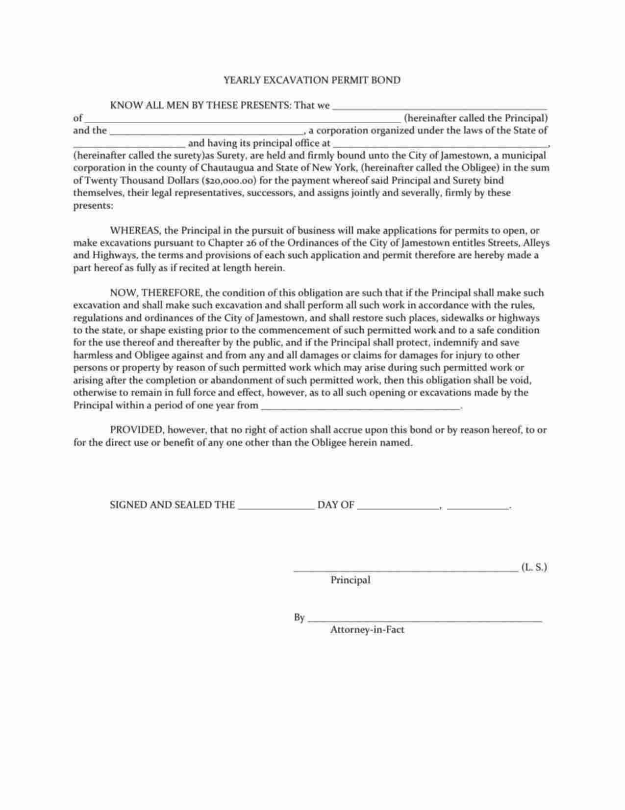 New York Yearly Excavation Permit Bond Form