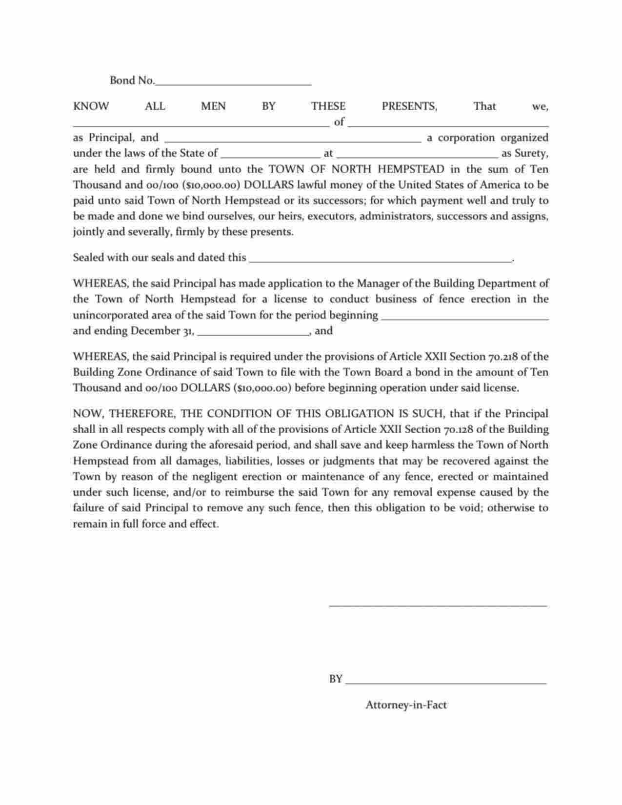 New York Fence Contractor Bond Form