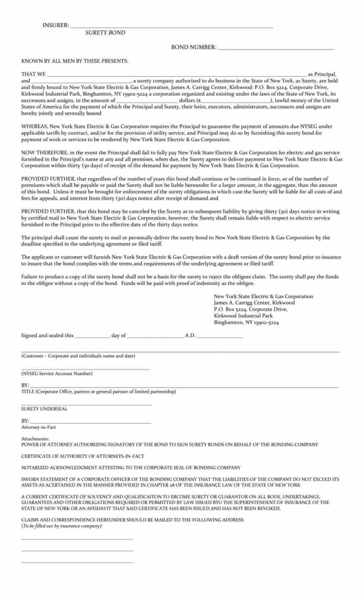 New York Utility Deposit Bond Form