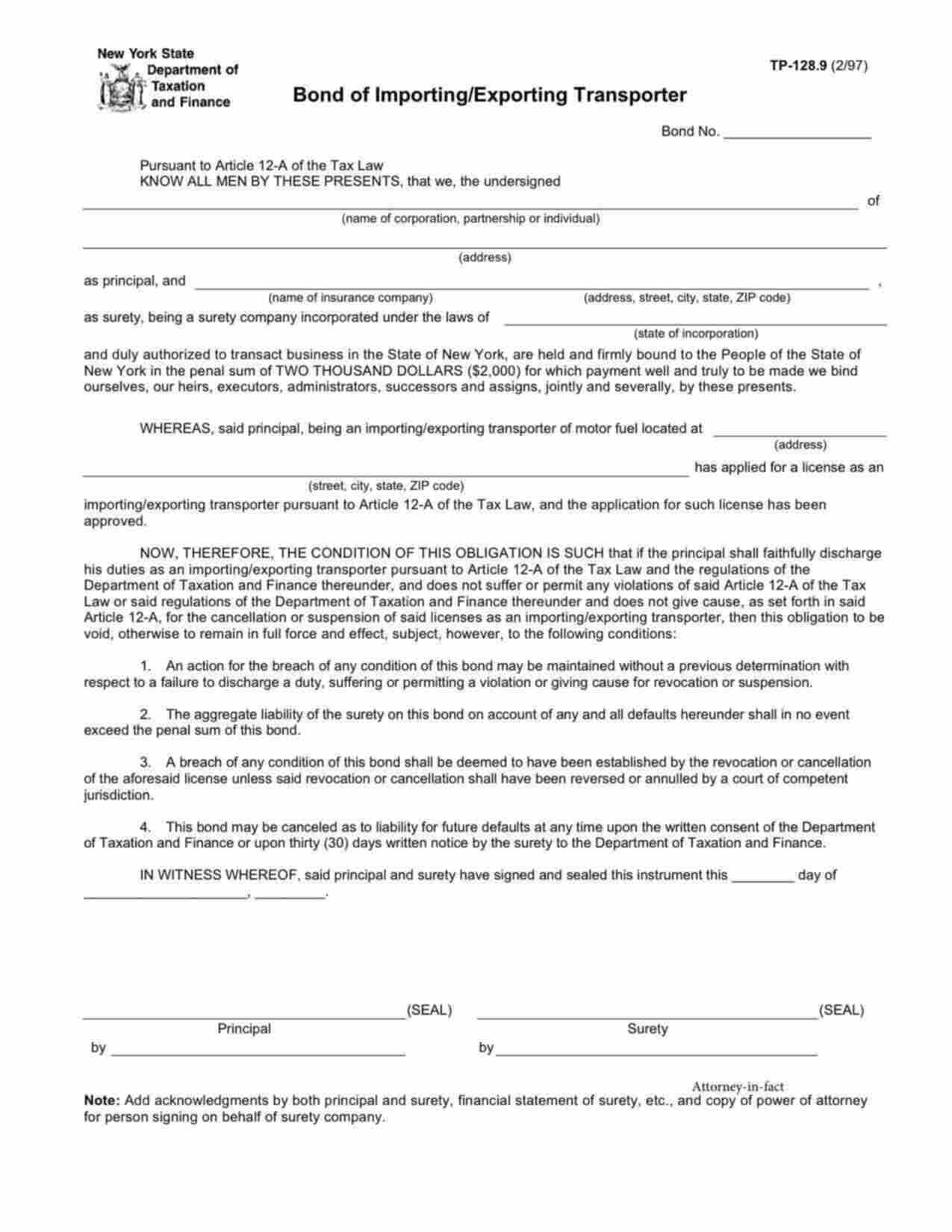 New York Importing/Exporting Transporter of Motor Fuel Bond Form