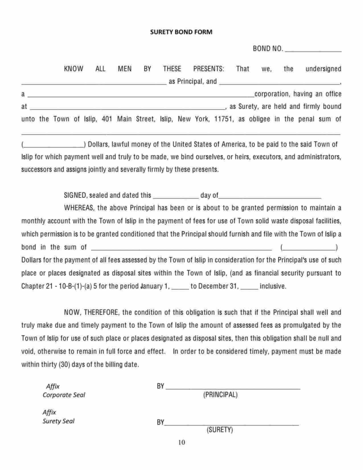 New York Waste Disposal Fees Bond Form