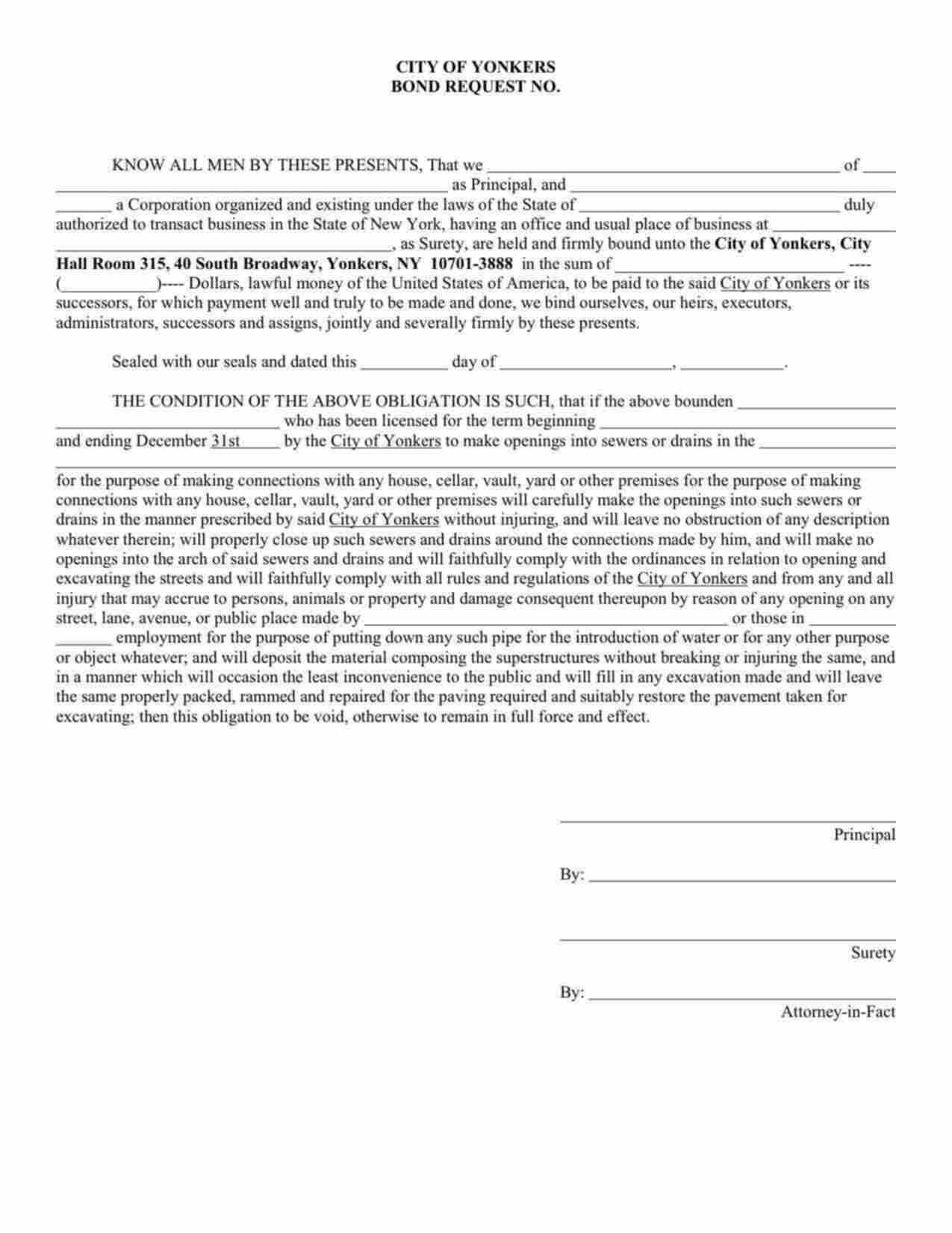 New York Sewer or Drain Openings Bond Form