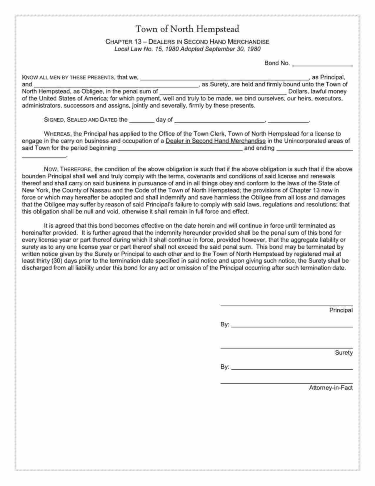 New York Second Hand Dealer Bond Form