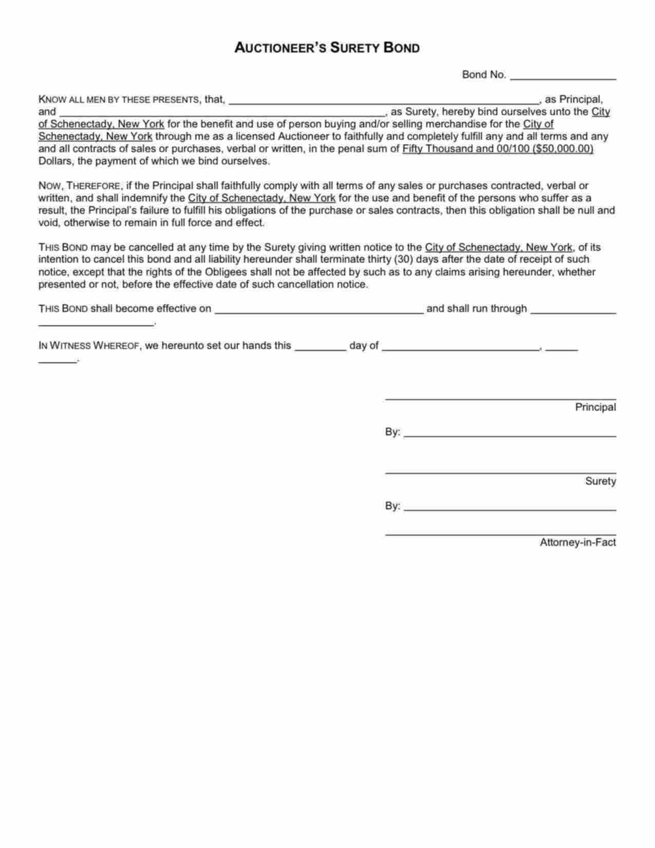 New York Auctioneer Bond Form