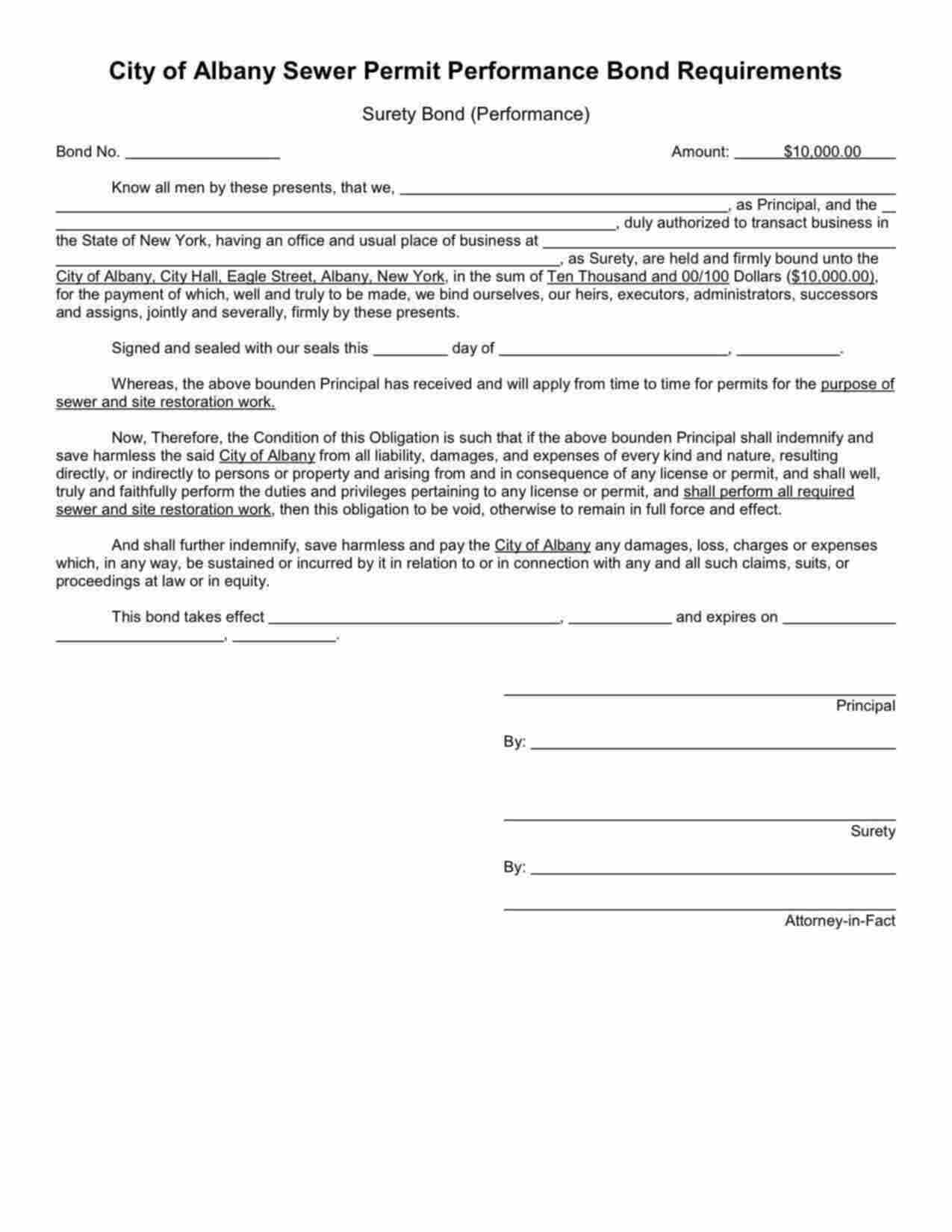 New York Water and Sewer Permit Performance Bond Form