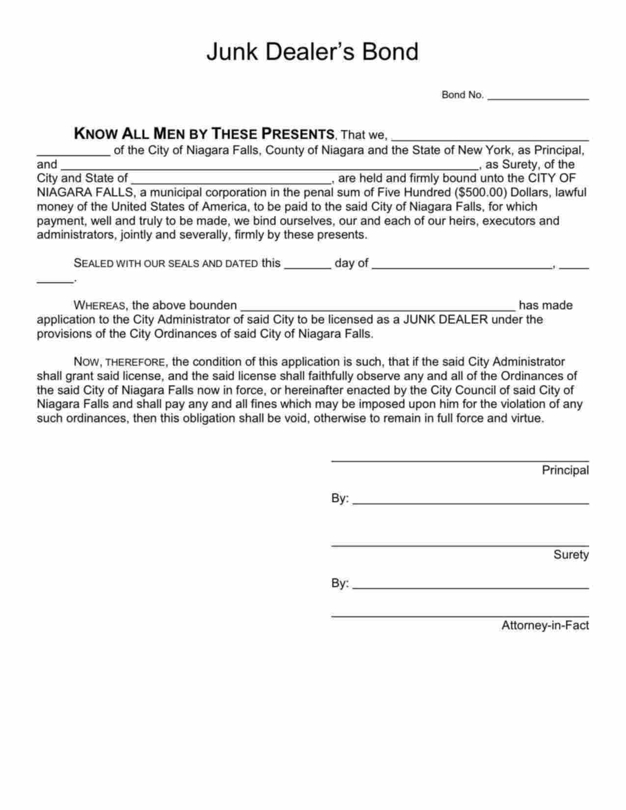 New York Junk Dealer Bond Form