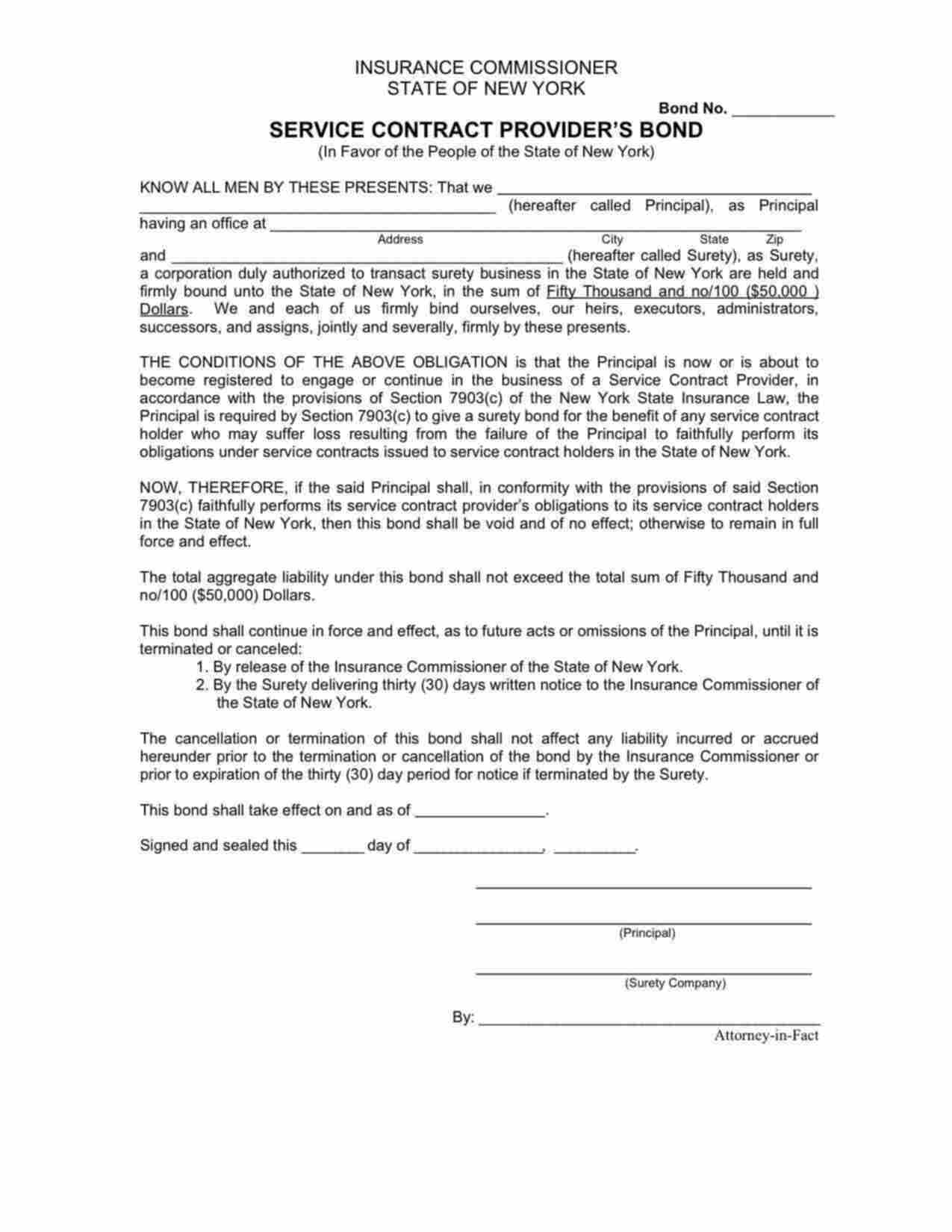 New York Service Contract Provider Bond Form