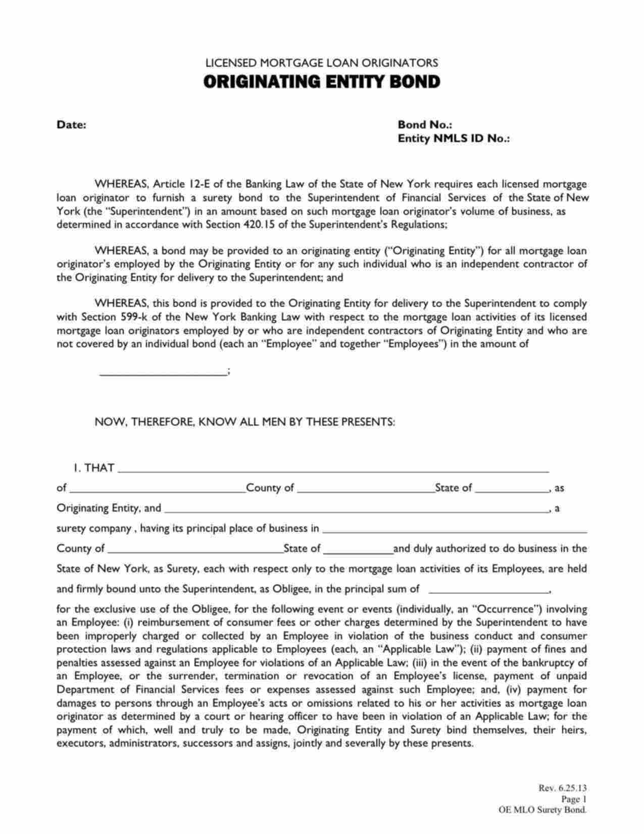 New York Mortgage Loan Originator - Entity Bond Form