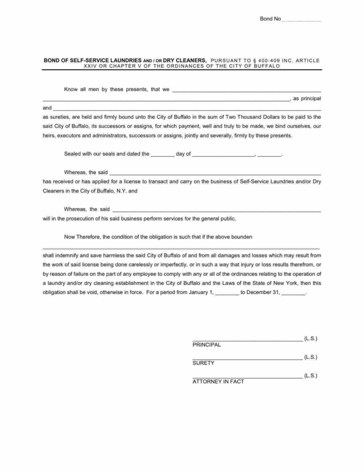 New York Self Service Laundries and/or Dry Cleaners Bond Form