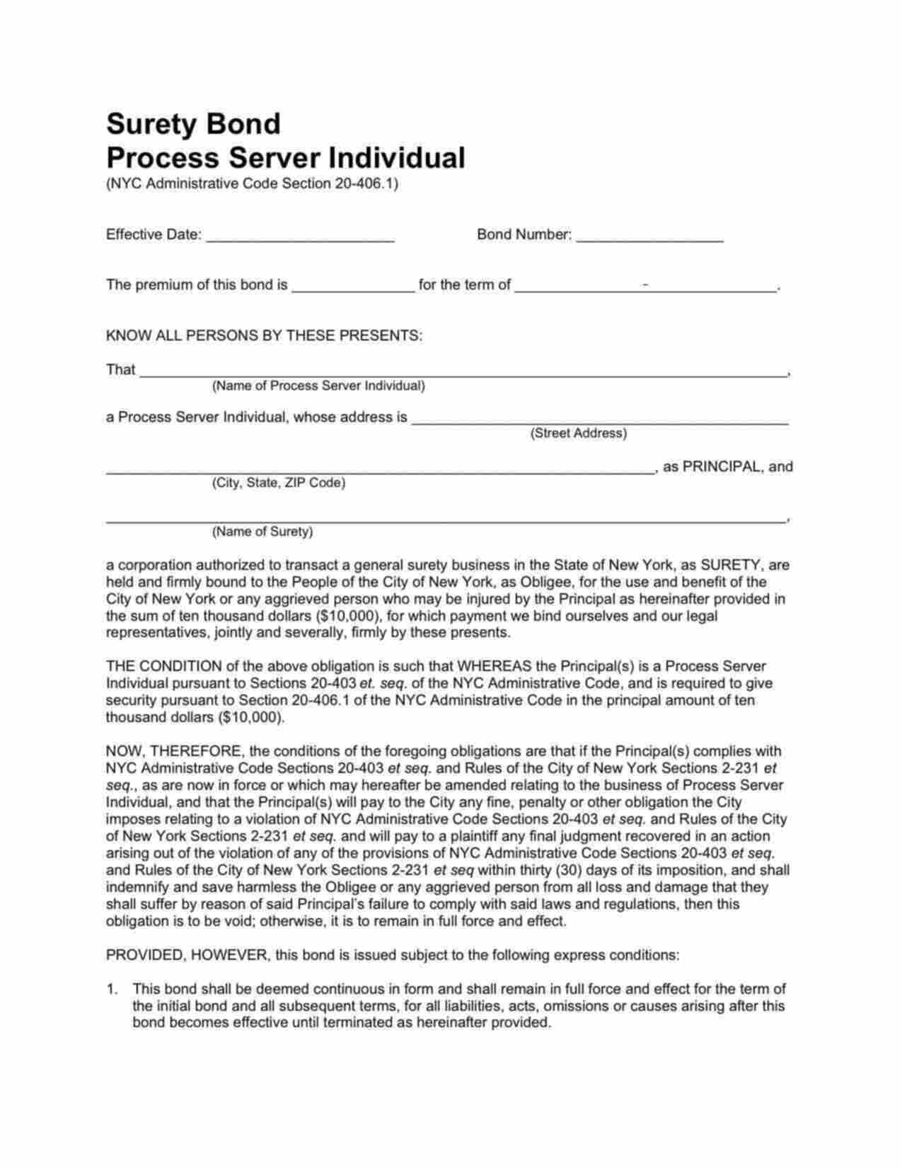 New York Process Server Individual Bond Form