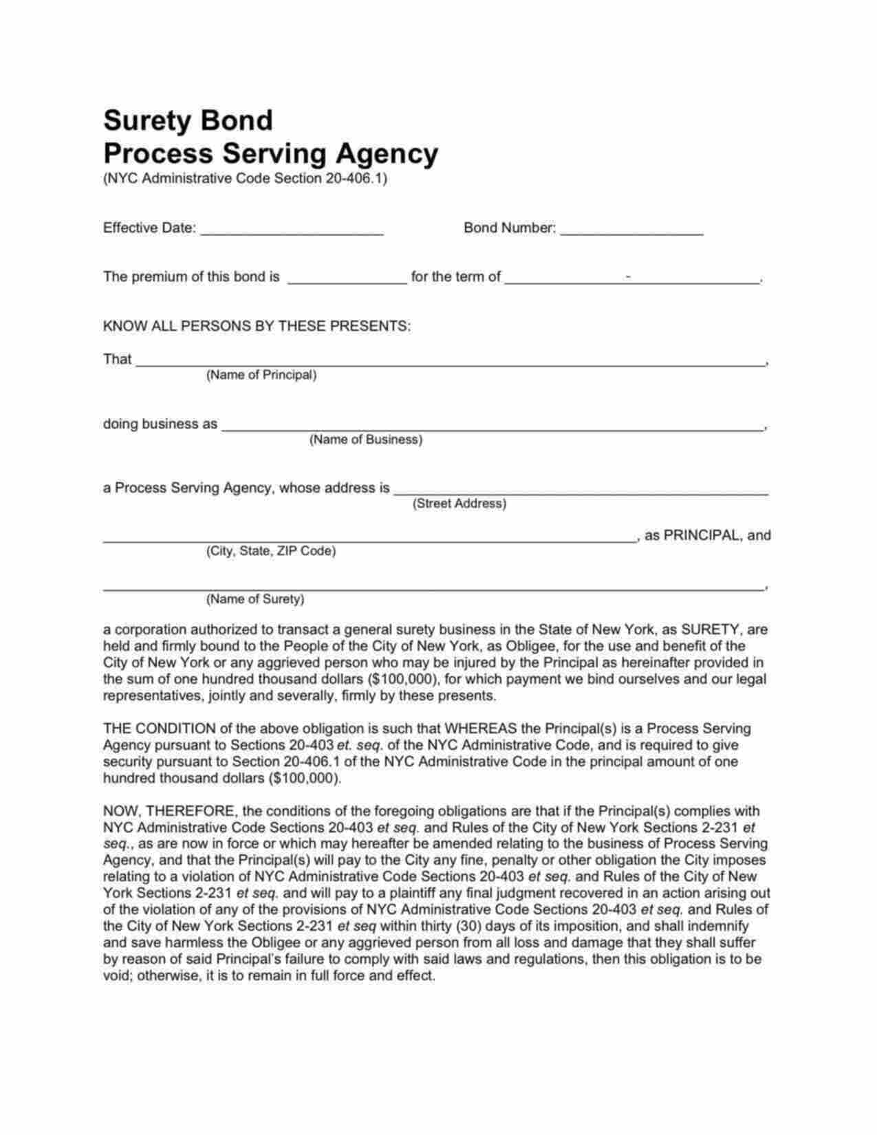 New York Process Serving Agency Bond Form