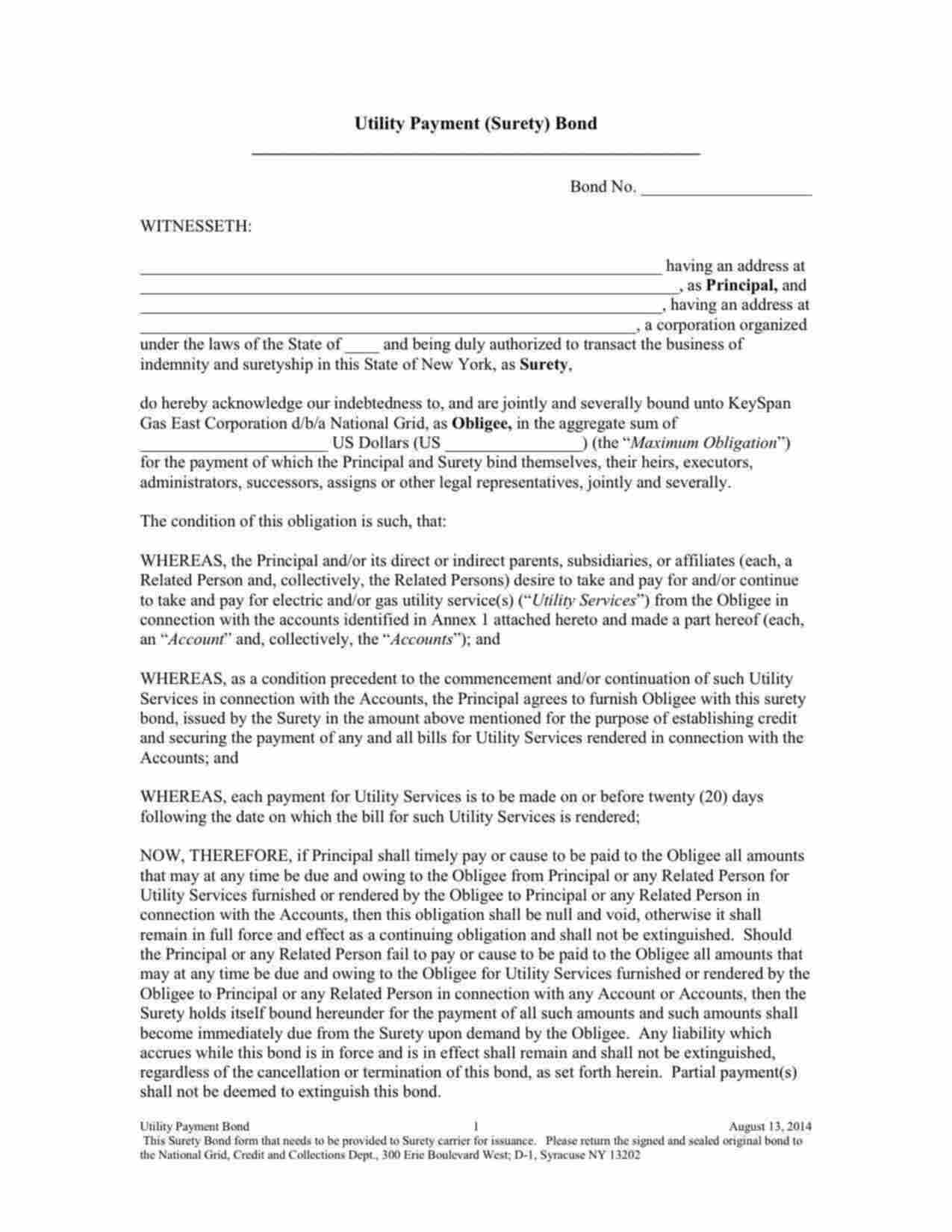 New York Utility Deposit Bond Form