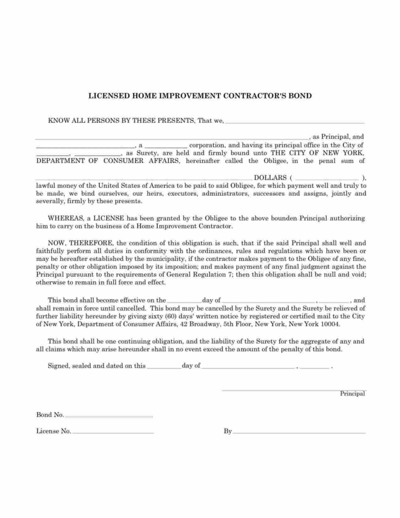 New York Licensed Home Improvement Contractor Bond Form