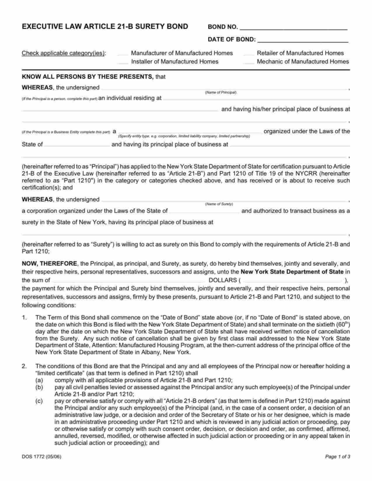 New York Retailer of Manufactured Homes - Corporation Bond Form