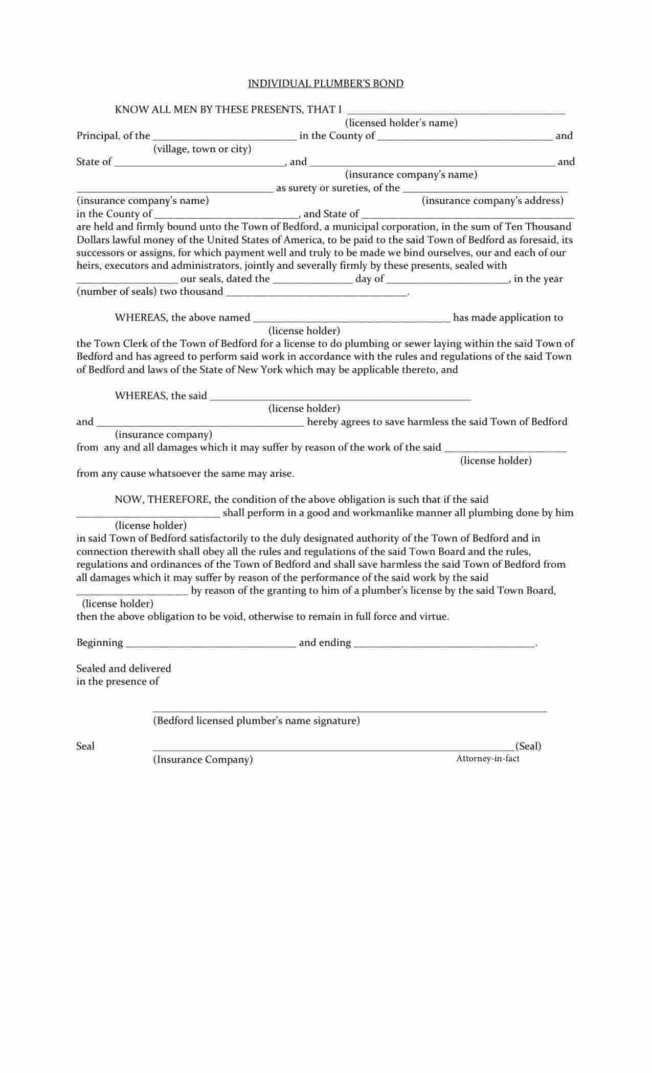 New York Individual Plumber Bond Form