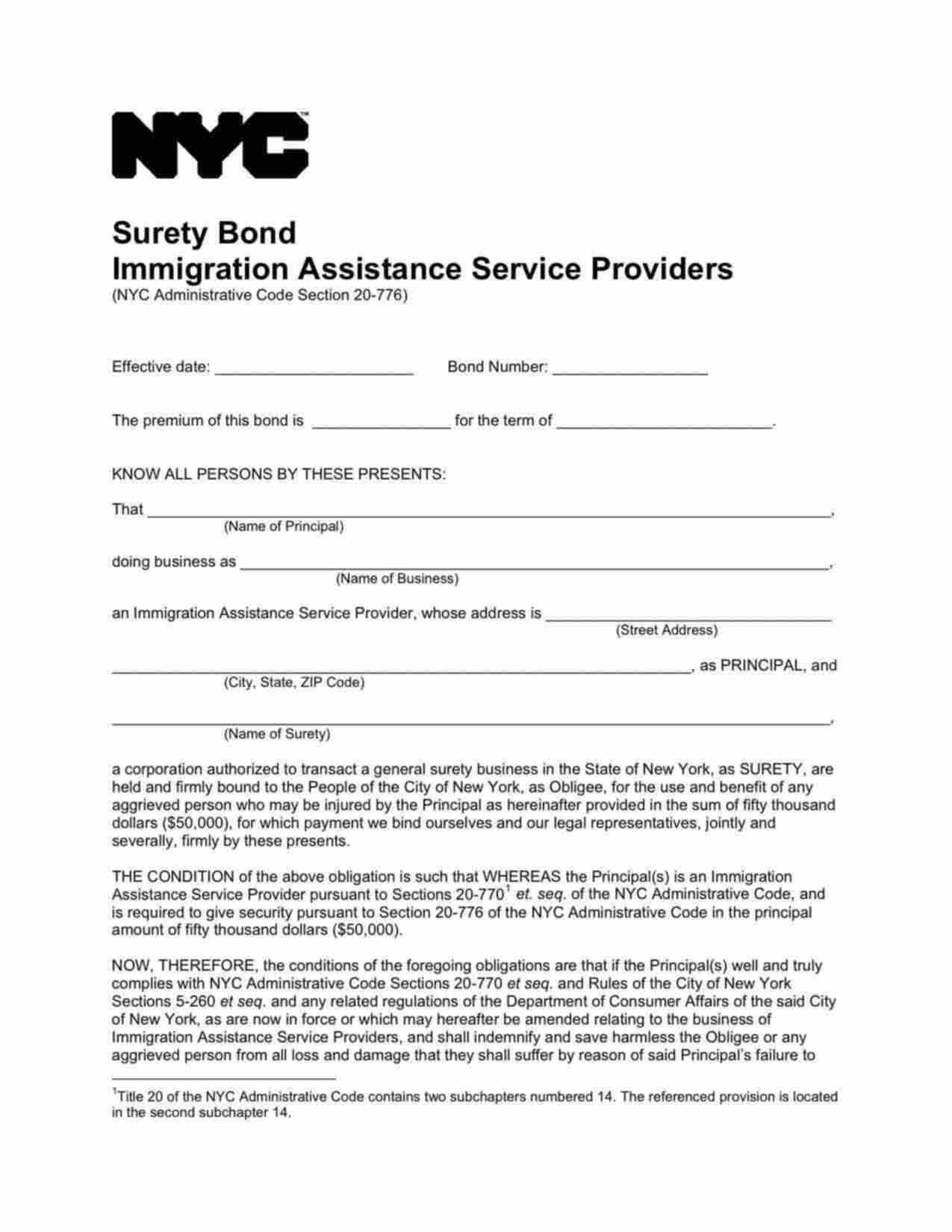 New York Immigration Assistance Service Provider Bond Form