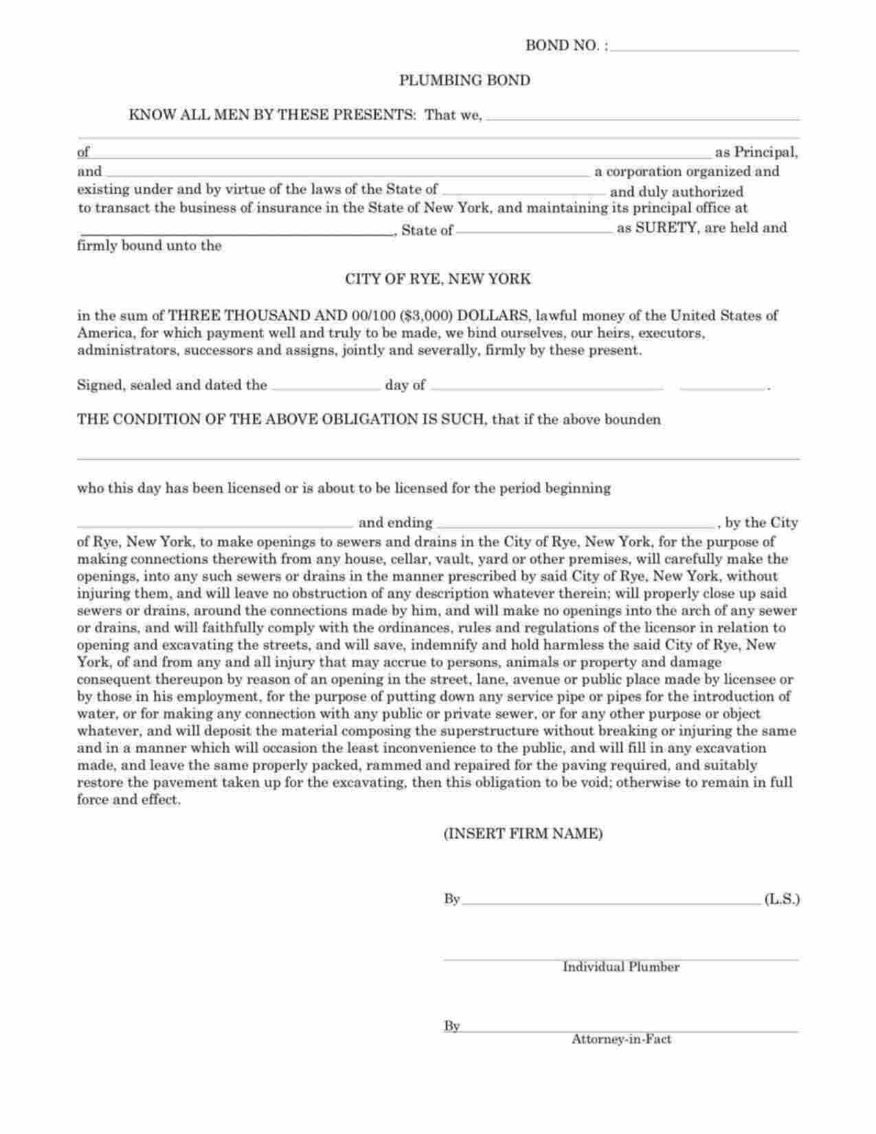 New York Plumbing Contractor Bond Form