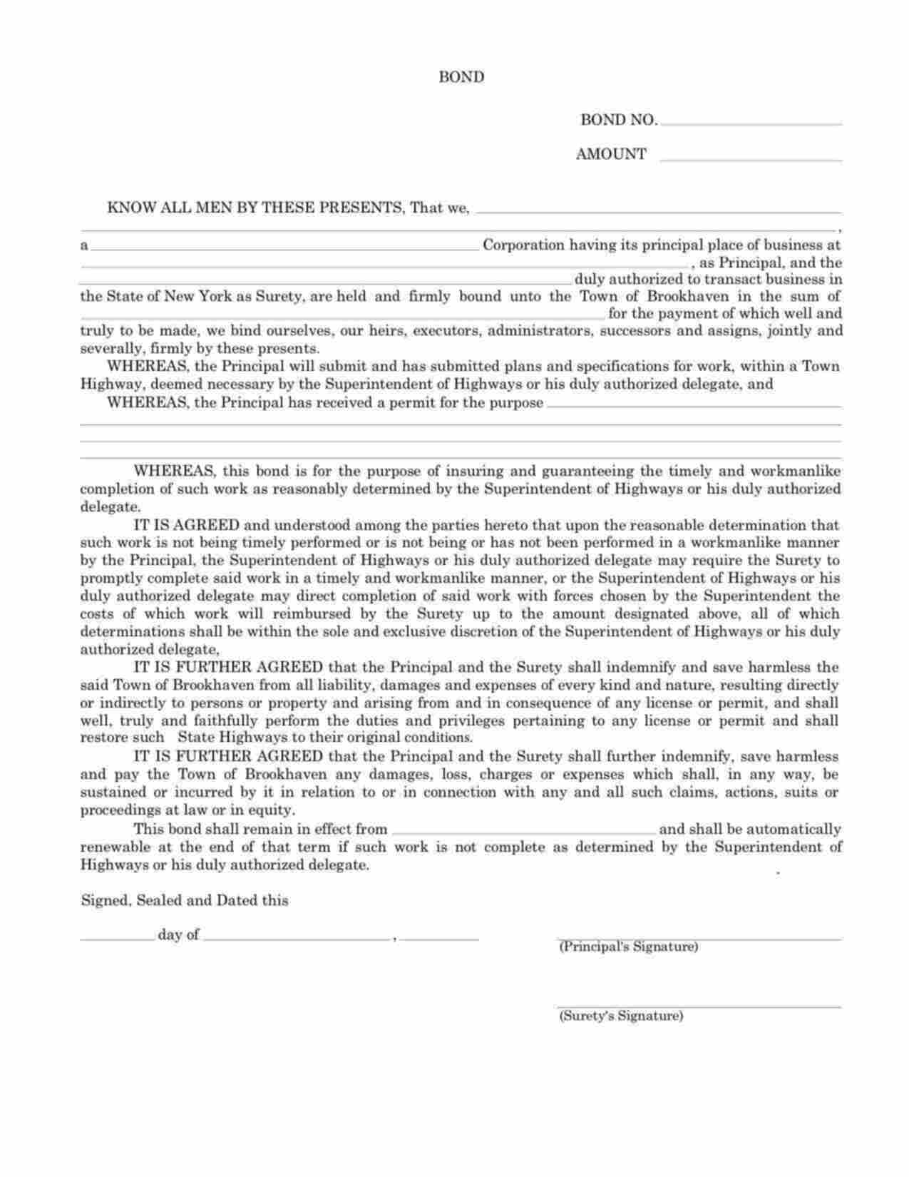 New York Highway Permit Bond Form