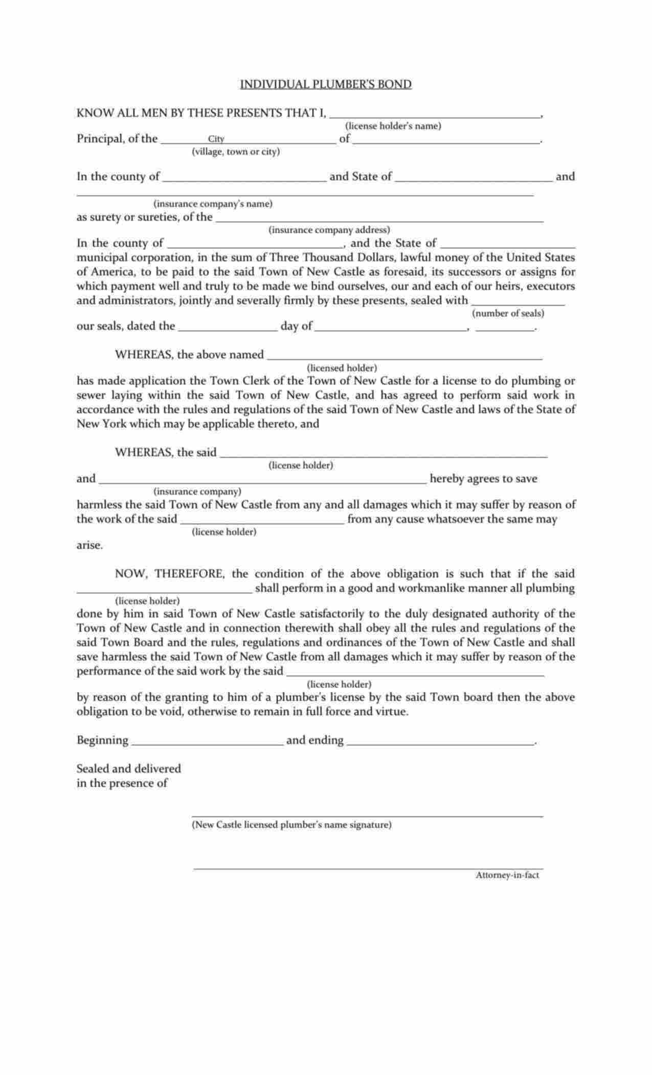 New York Plumber - Individual Bond Form