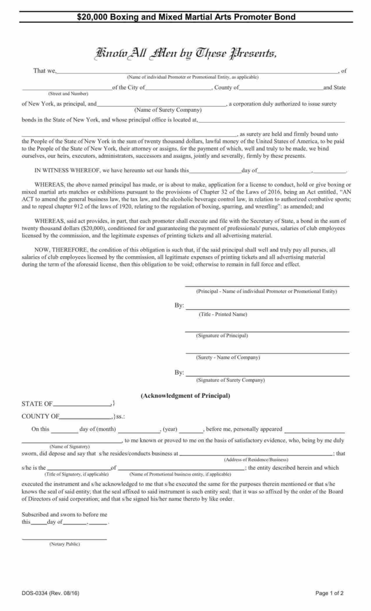 New York Boxing and Mixed Martial Arts Promoter Bond Form