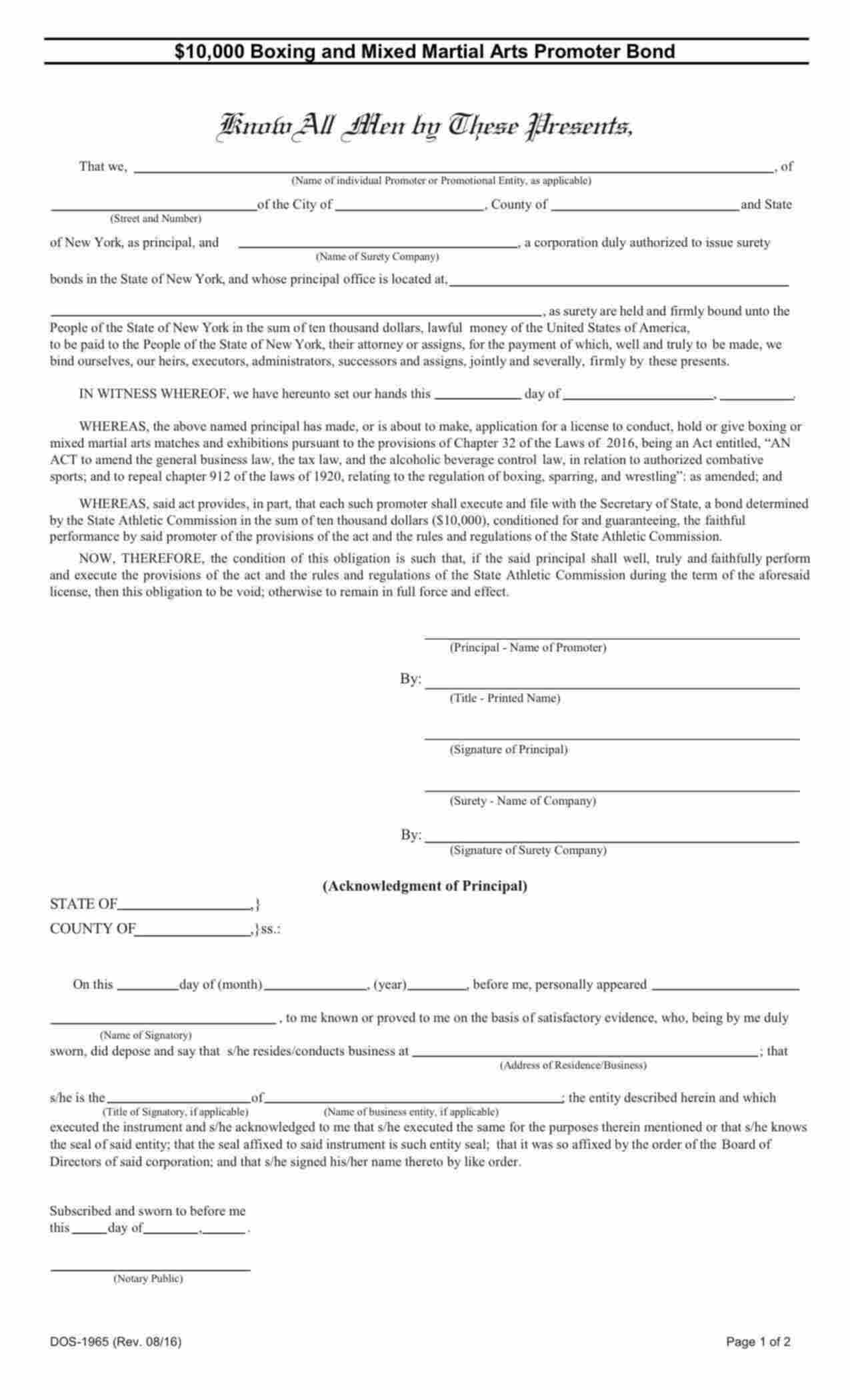 New York Boxing and Mixed Martial Arts Promoter Bond Form