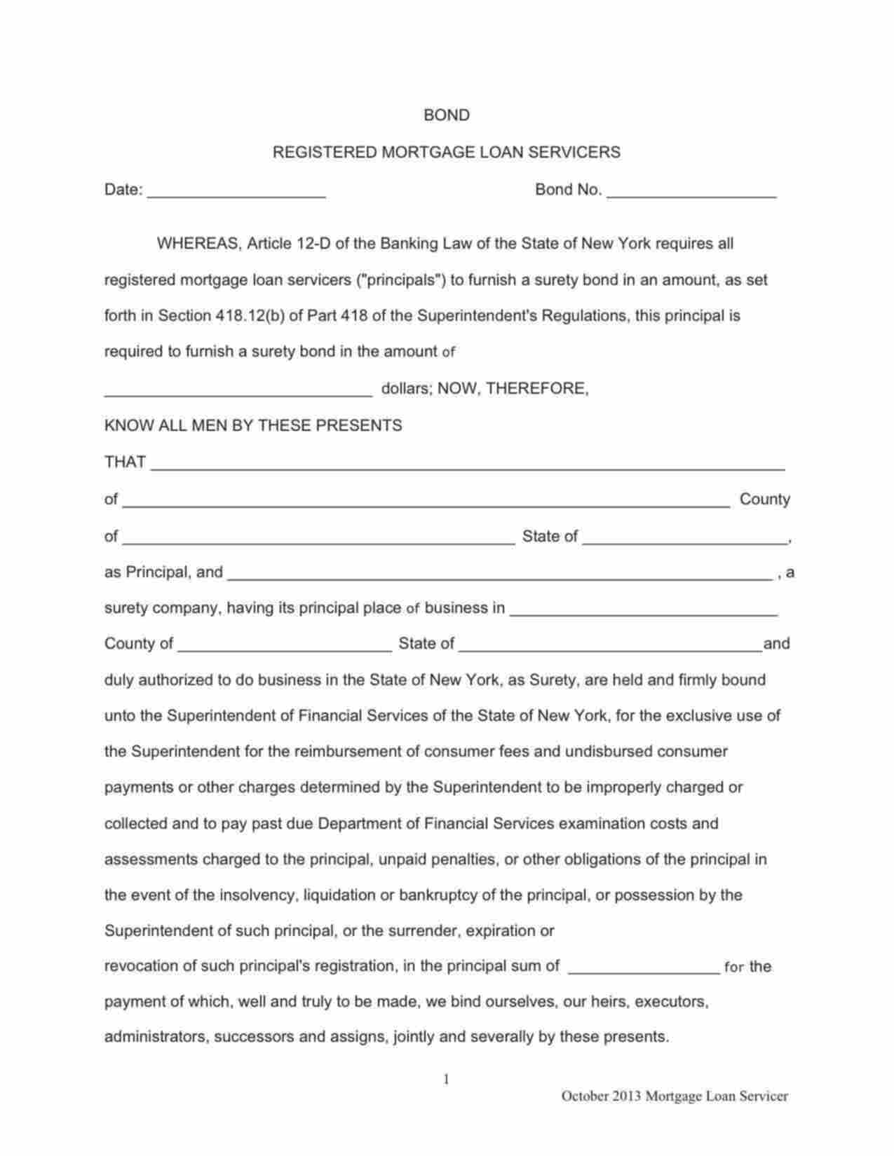 New York Registered Mortgage Loan Servicers Bond Form