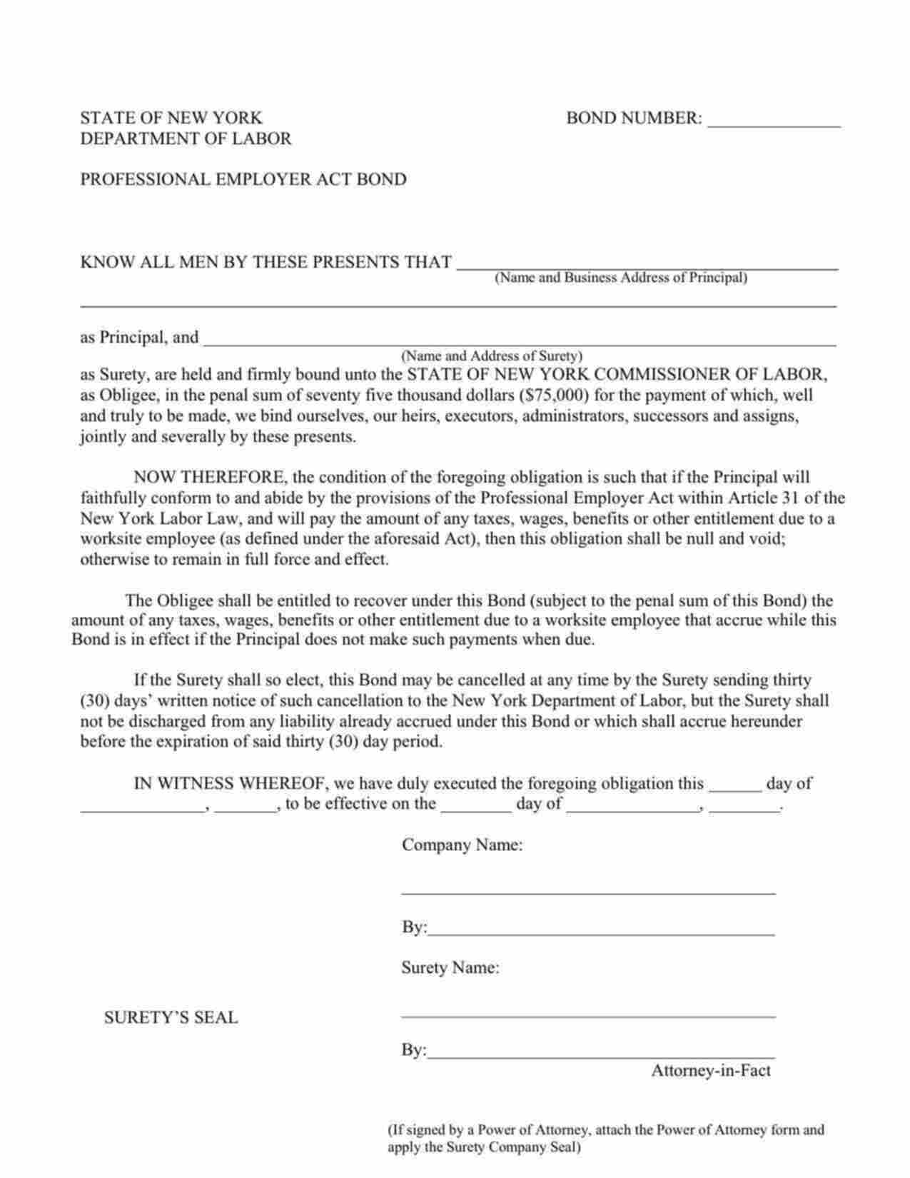 New York Professional Employer Organization Bond Form