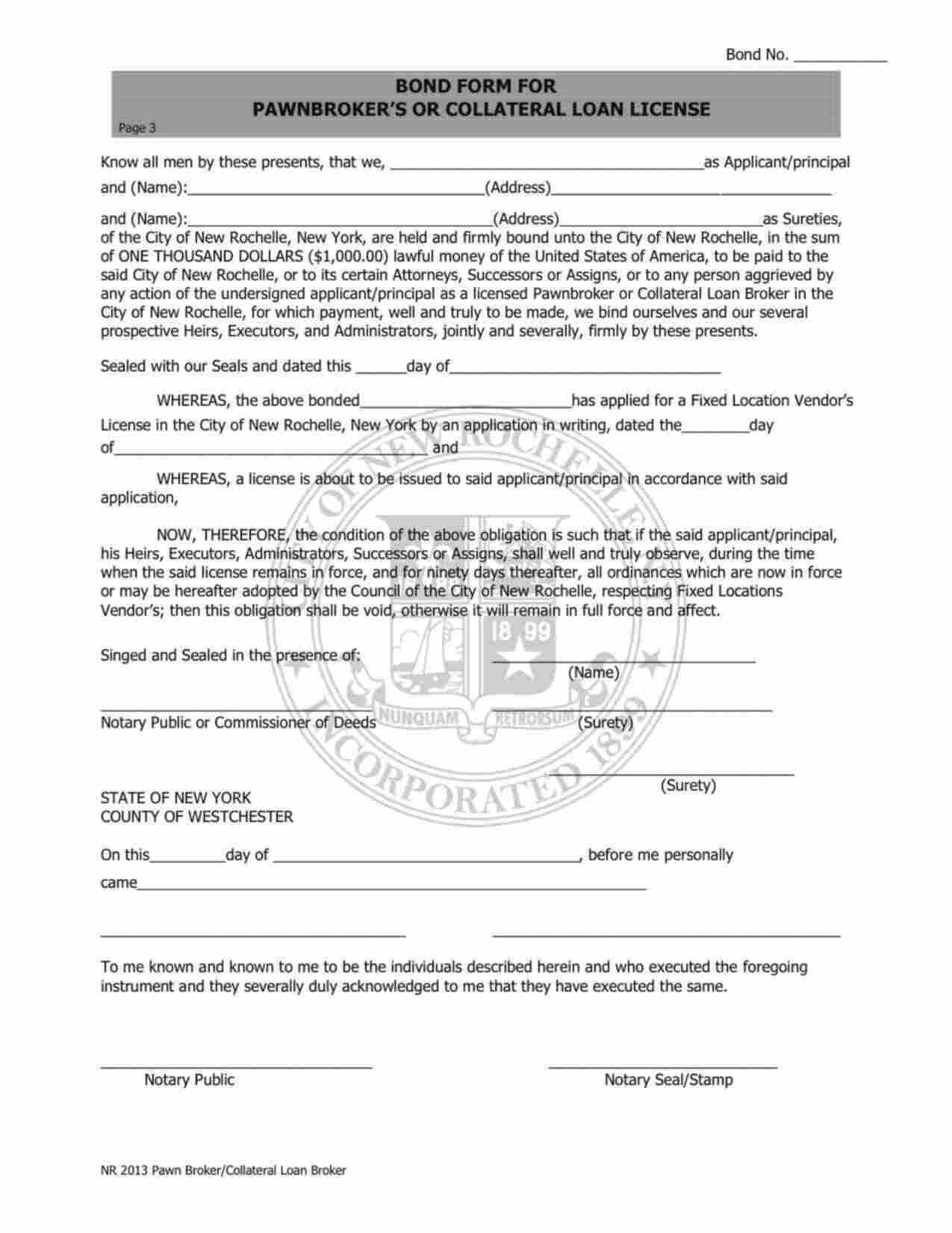 New York Pawnbroker's or Collateral Loan License Bond Form
