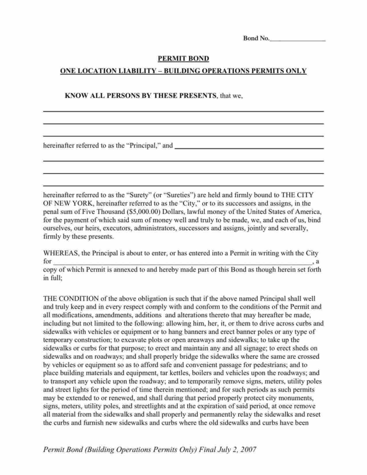 New York Building Operations Permit: One Location Liability Bond Form