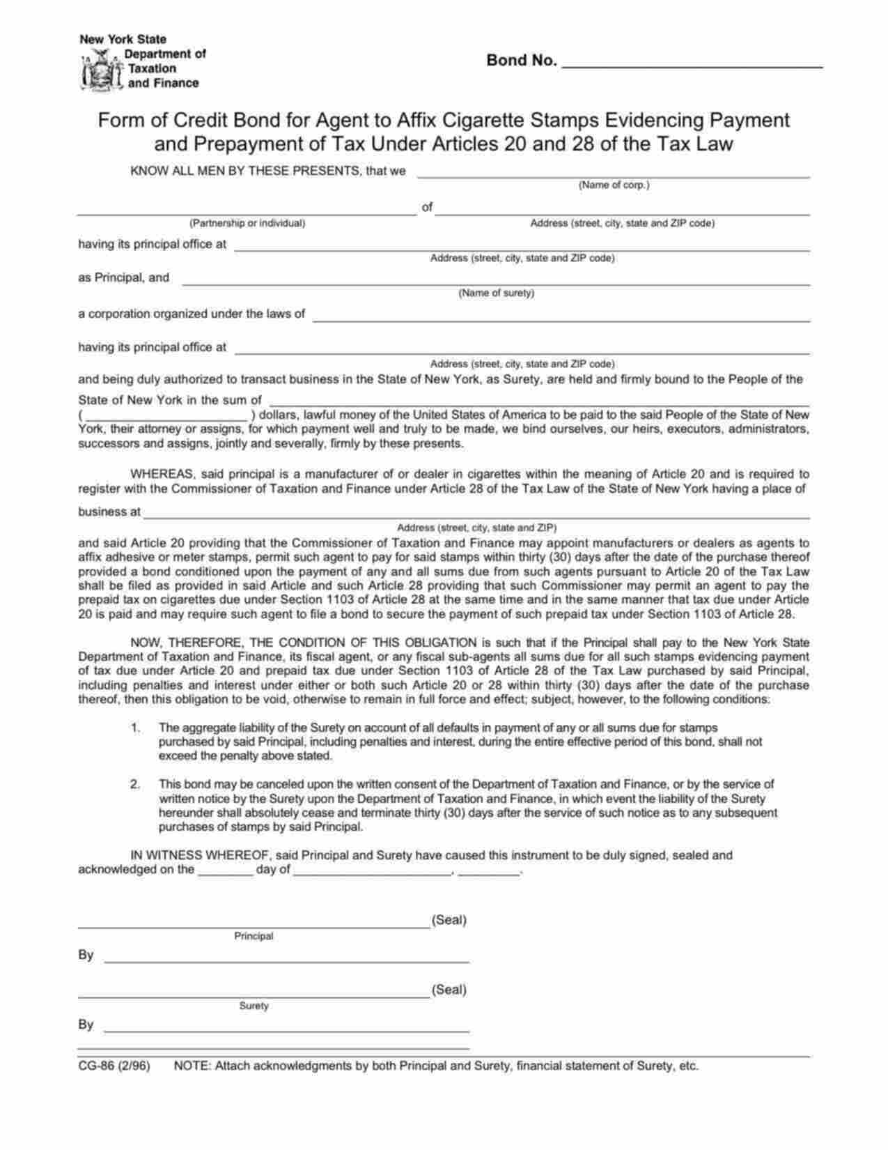 New York Cigarette Stamp Tax Credit Bond Form