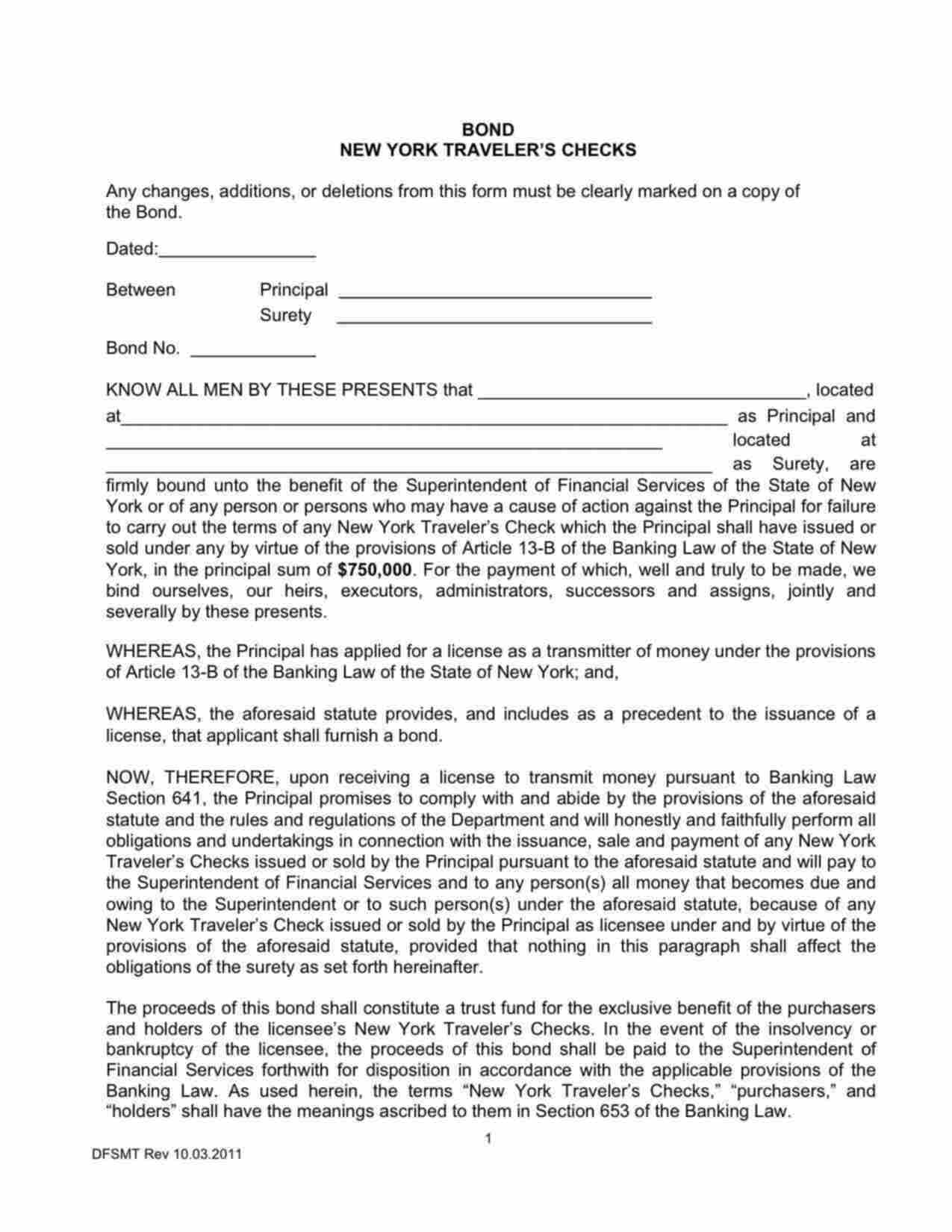 New York Money Transmitter (New York Traveler's Checks) Bond Form